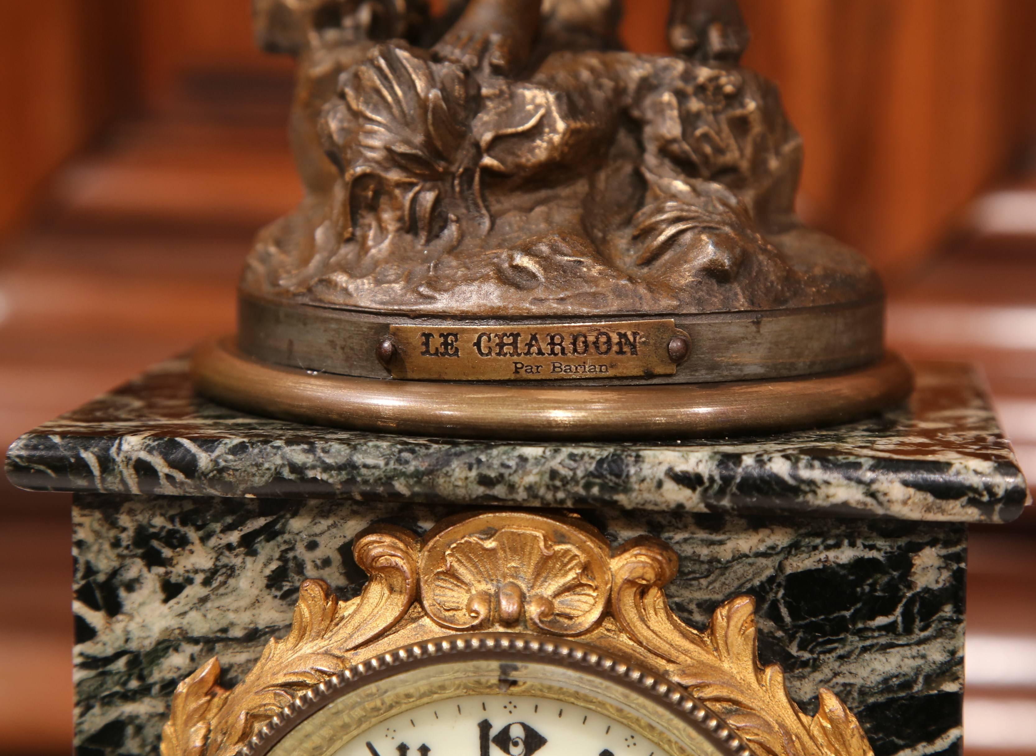 19th Century French Spelter and Marble Signed Mantel Clock with Porecelain Dial In Excellent Condition In Dallas, TX