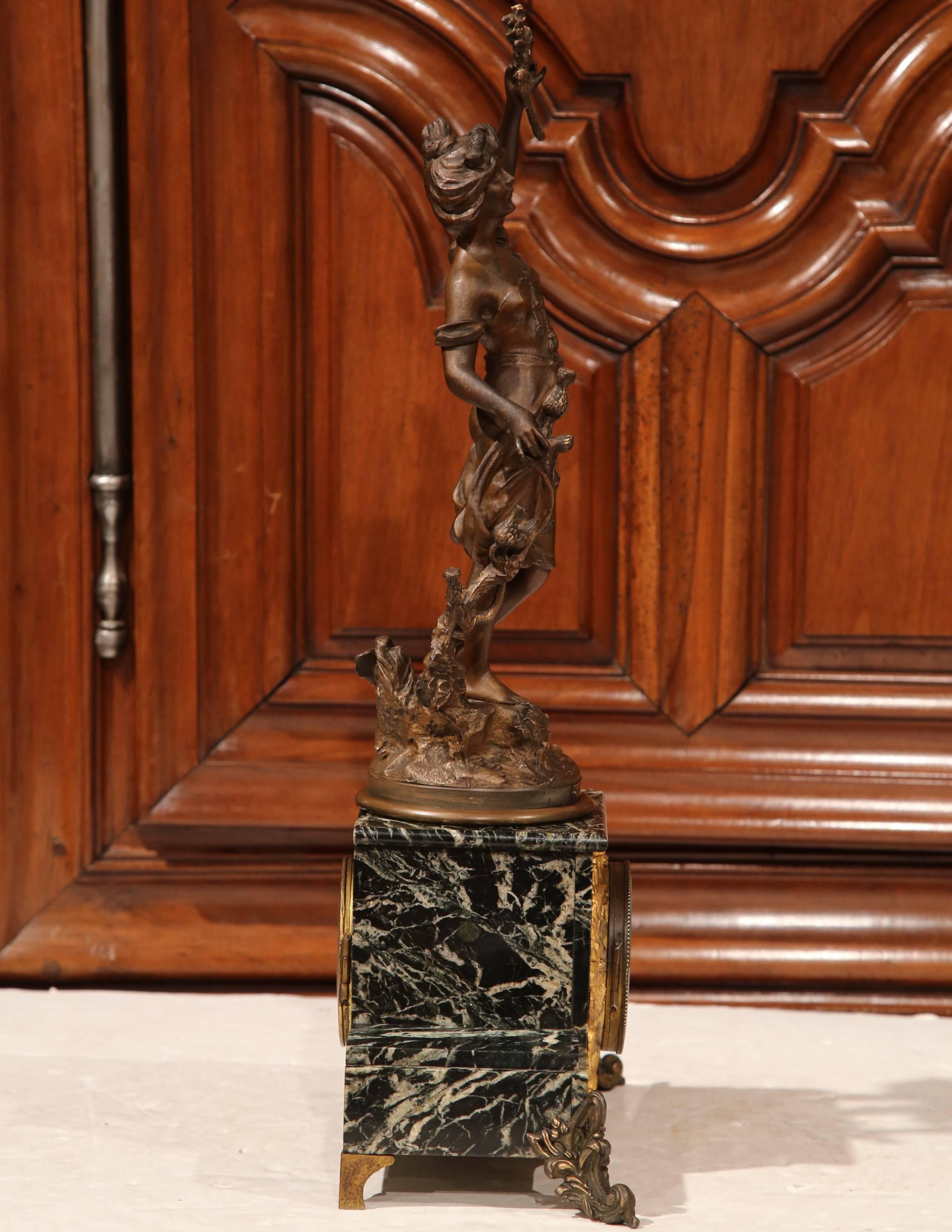 19th Century French Spelter and Marble Signed Mantel Clock with Porecelain Dial 4
