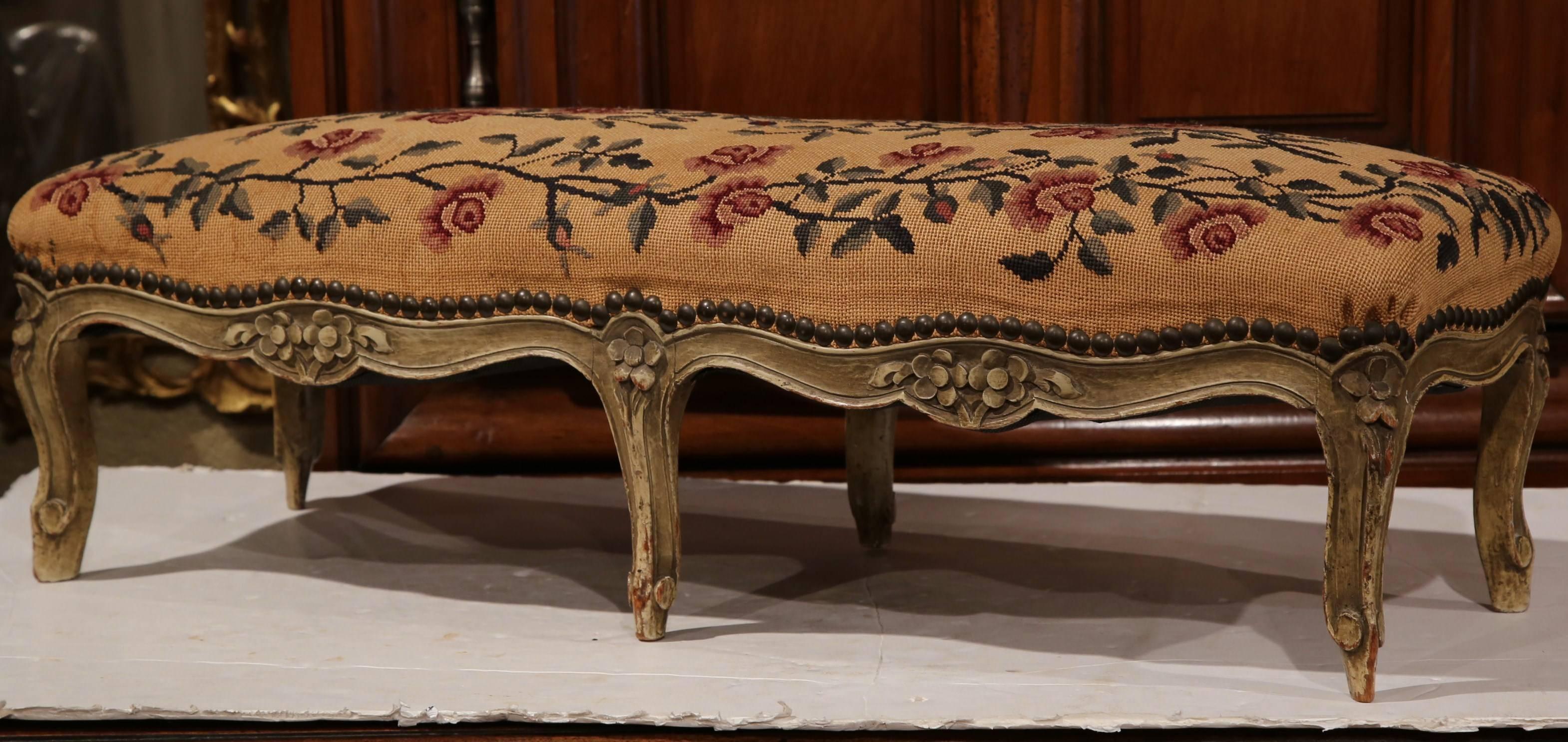 19th Century French Louis XV Carved Painted Footstool with Needlepoint Tapestry 2