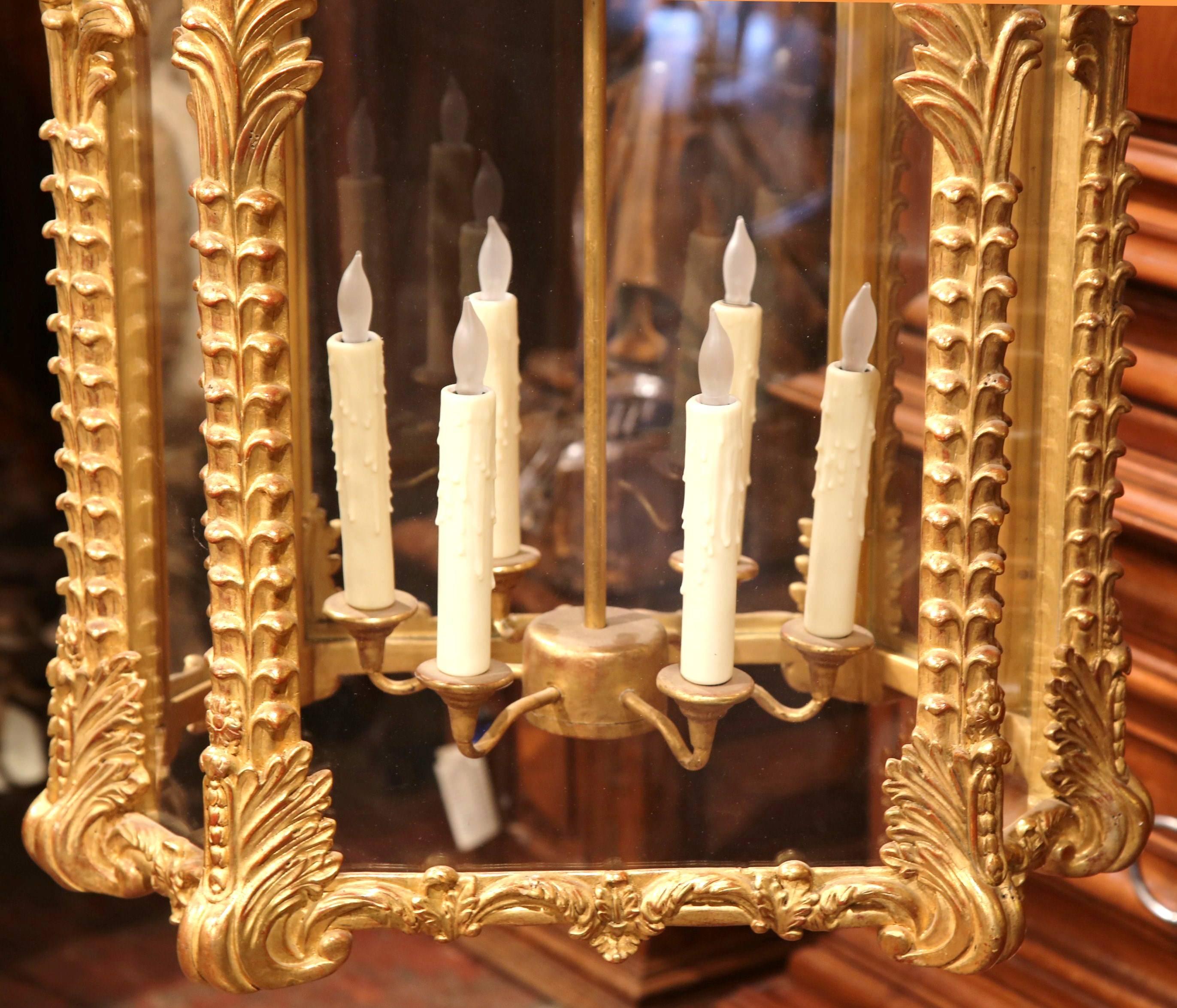 Hand-Carved Mid-20th Century French Louis XVI Carved Giltwood Octagonal Six-Light Lantern