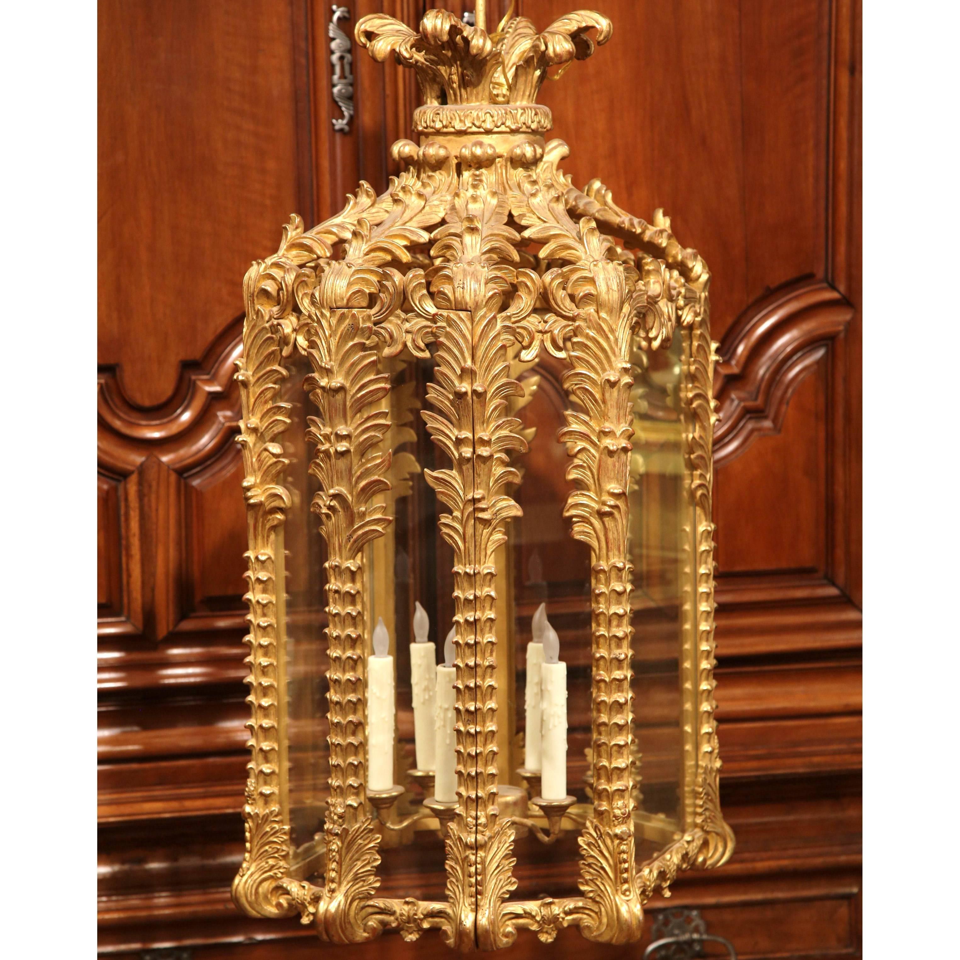 Mid-20th Century French Louis XVI Carved Giltwood Octagonal Six-Light Lantern In Excellent Condition In Dallas, TX