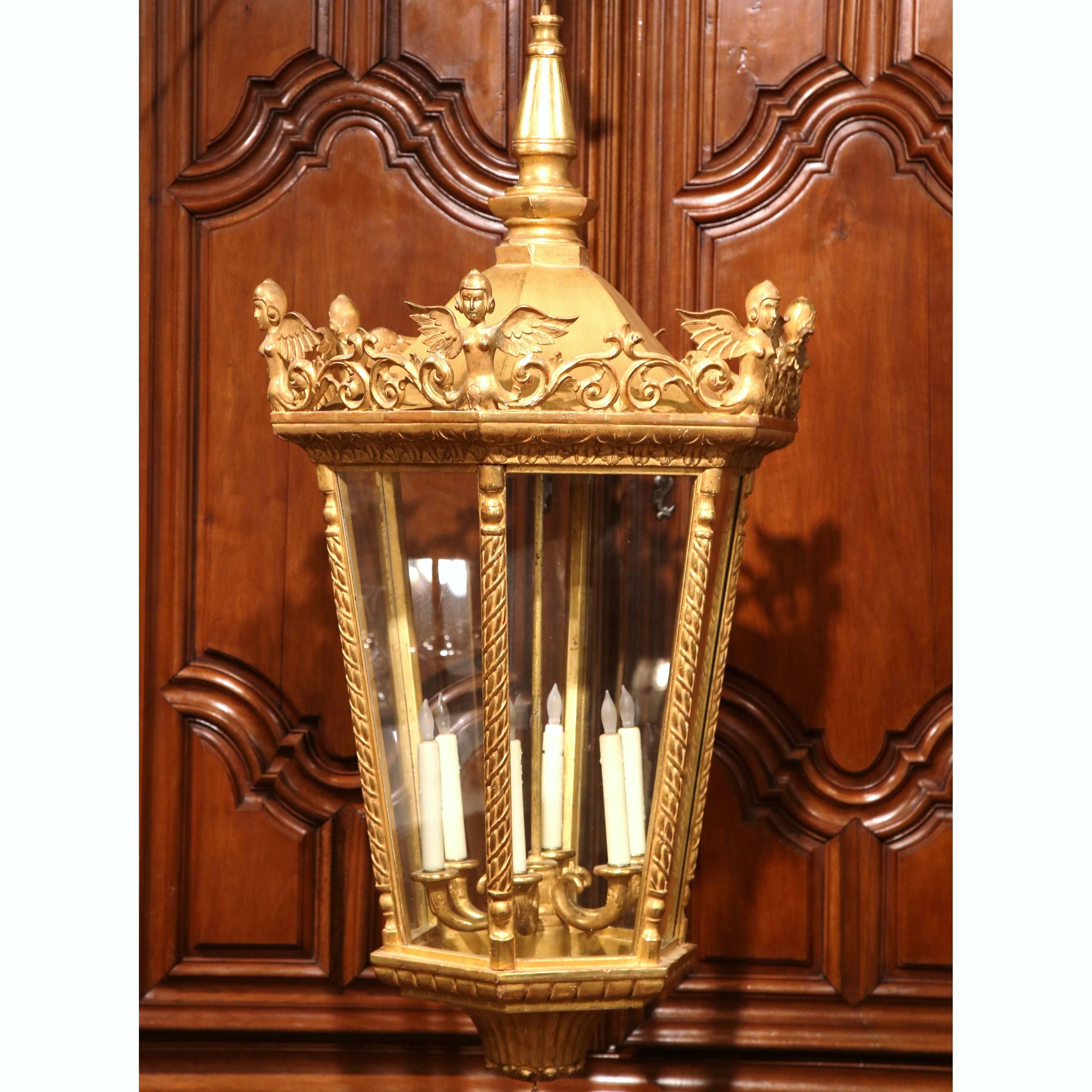 Mid-Century French Louis XVI Carved Giltwood Six-Light Celling Lantern In Excellent Condition For Sale In Dallas, TX