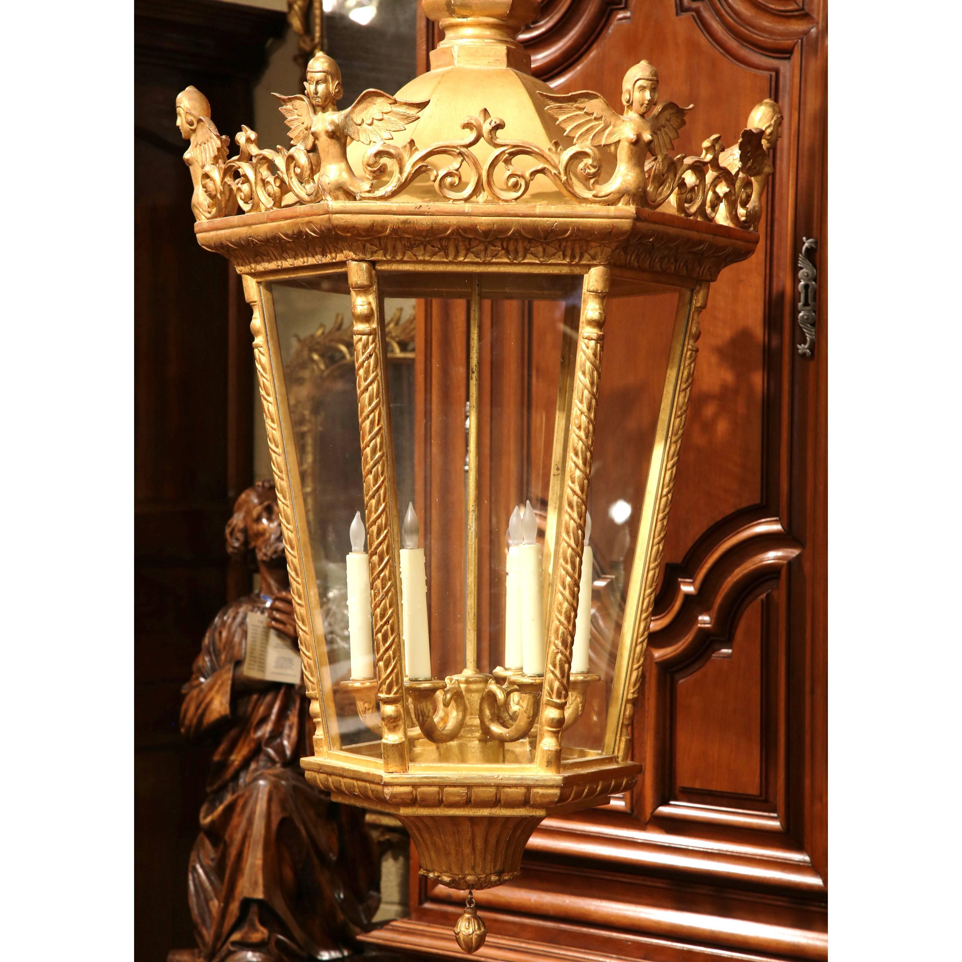 20th Century Mid-Century French Louis XVI Carved Giltwood Six-Light Celling Lantern For Sale