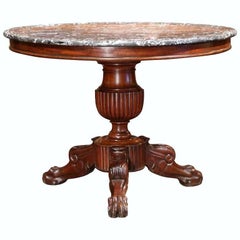 19th Century French Louis Philippe Carved Mahogany Gueridon with Grey Marble Top