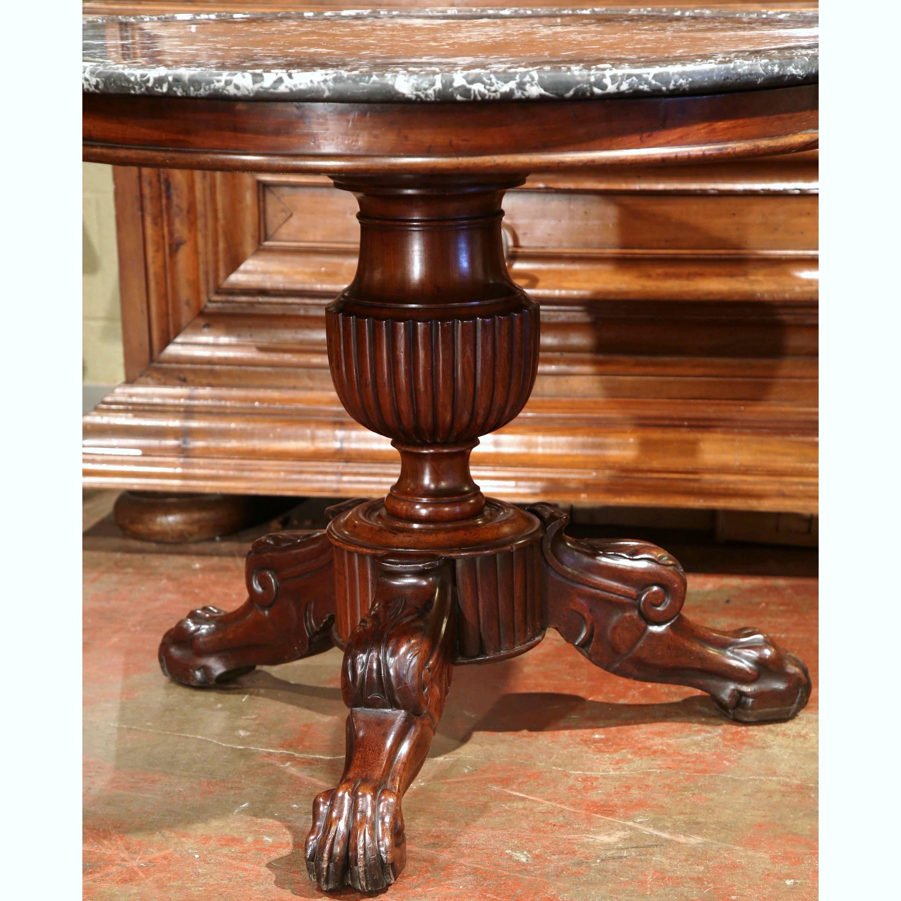 19th Century French Louis Philippe Carved Mahogany Gueridon with Grey Marble Top In Excellent Condition In Dallas, TX