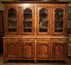 19th Century French Walnut Four-Door Buffet Bookcase with Glass Doors and Inlay