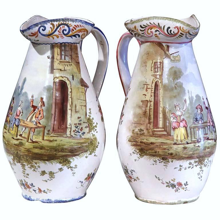 Pair of 19th Century, French, Painted Faience Wine Pitchers with Tavern Scenes