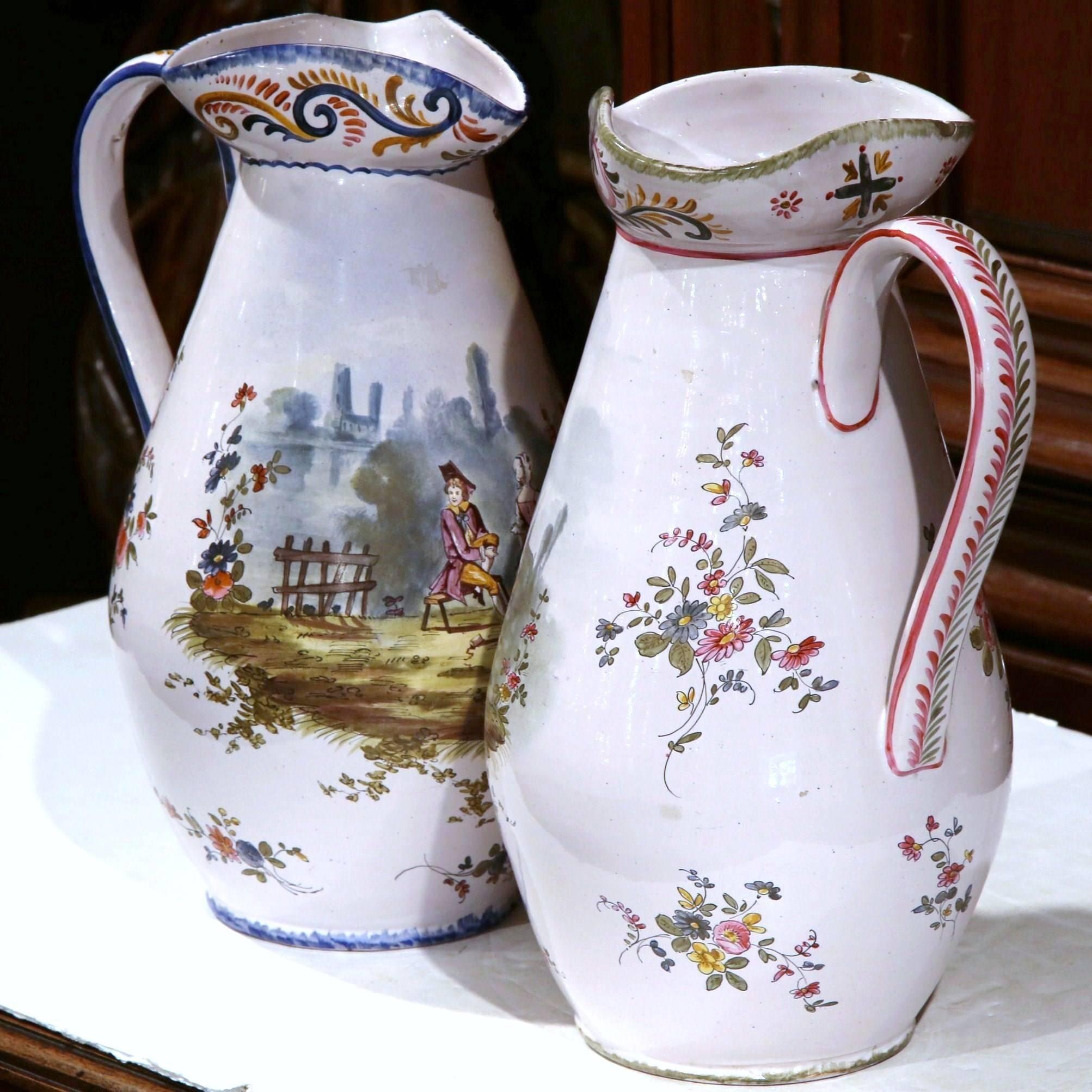 Pair of 19th Century, French, Painted Faience Wine Pitchers with Tavern Scenes 2