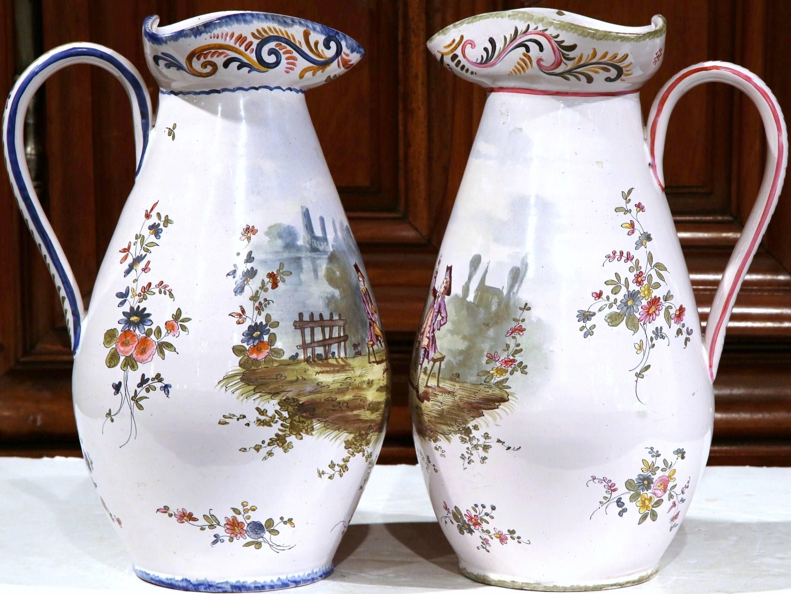 Ceramic Pair of 19th Century, French, Painted Faience Wine Pitchers with Tavern Scenes