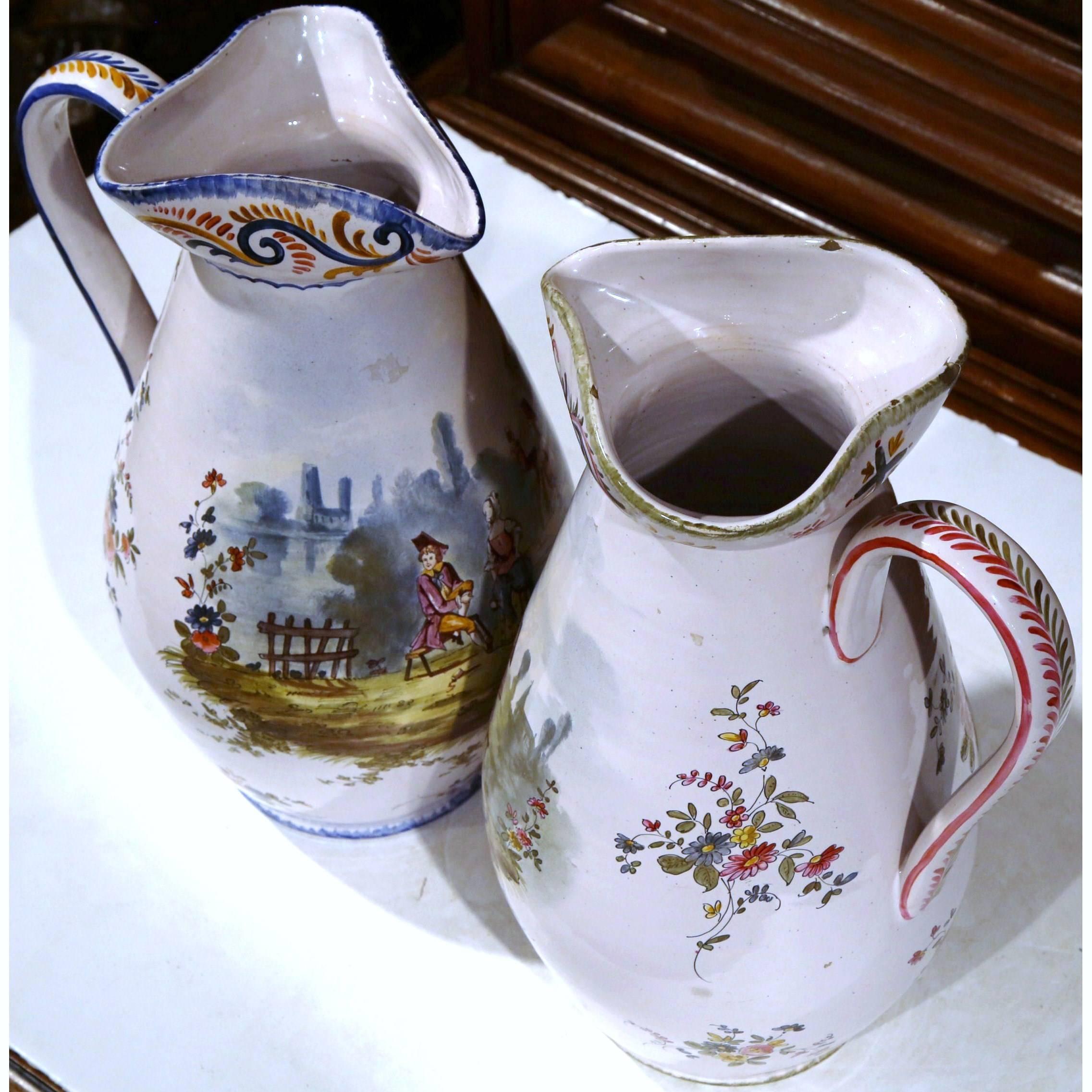 Pair of 19th Century, French, Painted Faience Wine Pitchers with Tavern Scenes 3