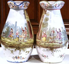 Pair of 19th Century, French, Painted Faience Wine Pitchers with Tavern Scenes