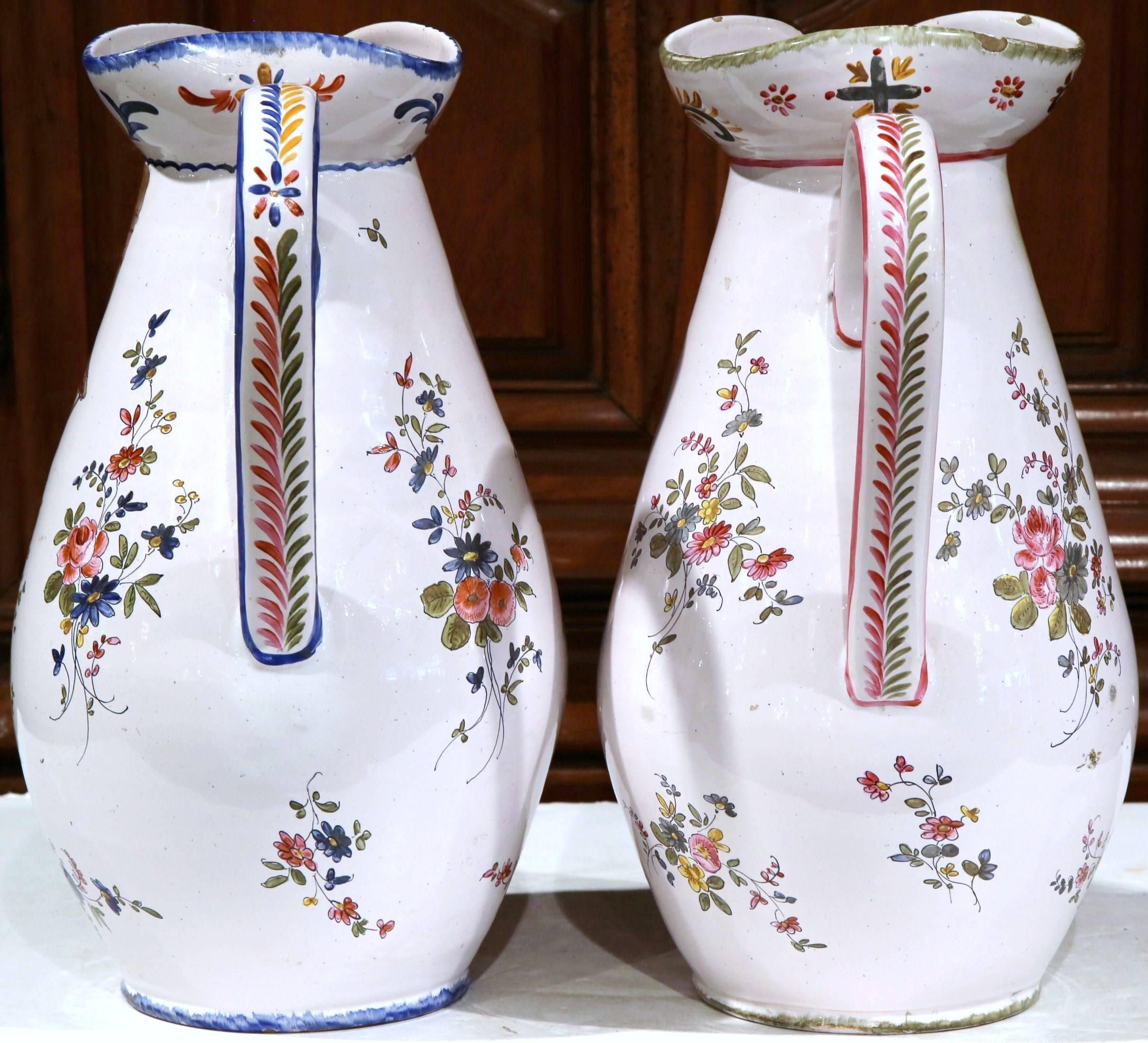 Pair of 19th Century, French, Painted Faience Wine Pitchers with Tavern Scenes 1