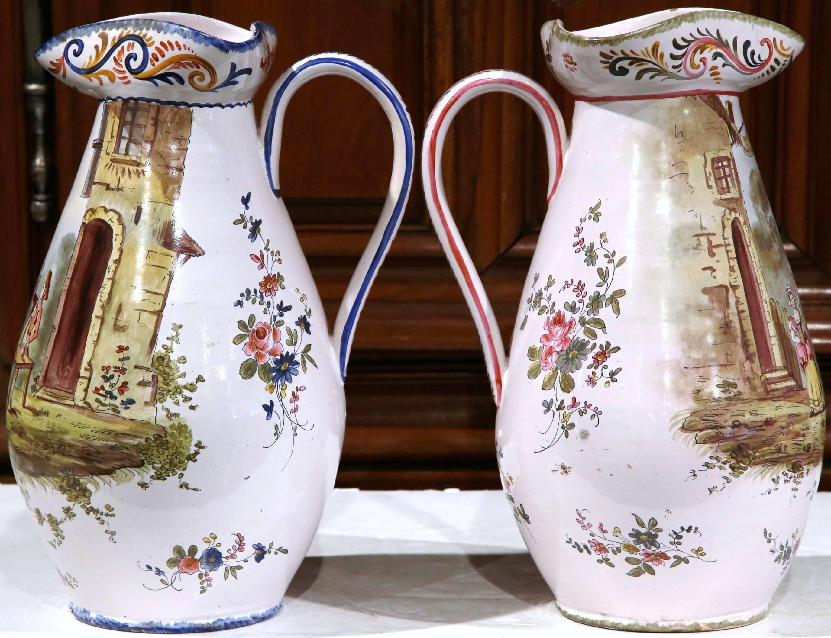 Pair of 19th Century, French, Painted Faience Wine Pitchers with Tavern Scenes In Excellent Condition In Dallas, TX