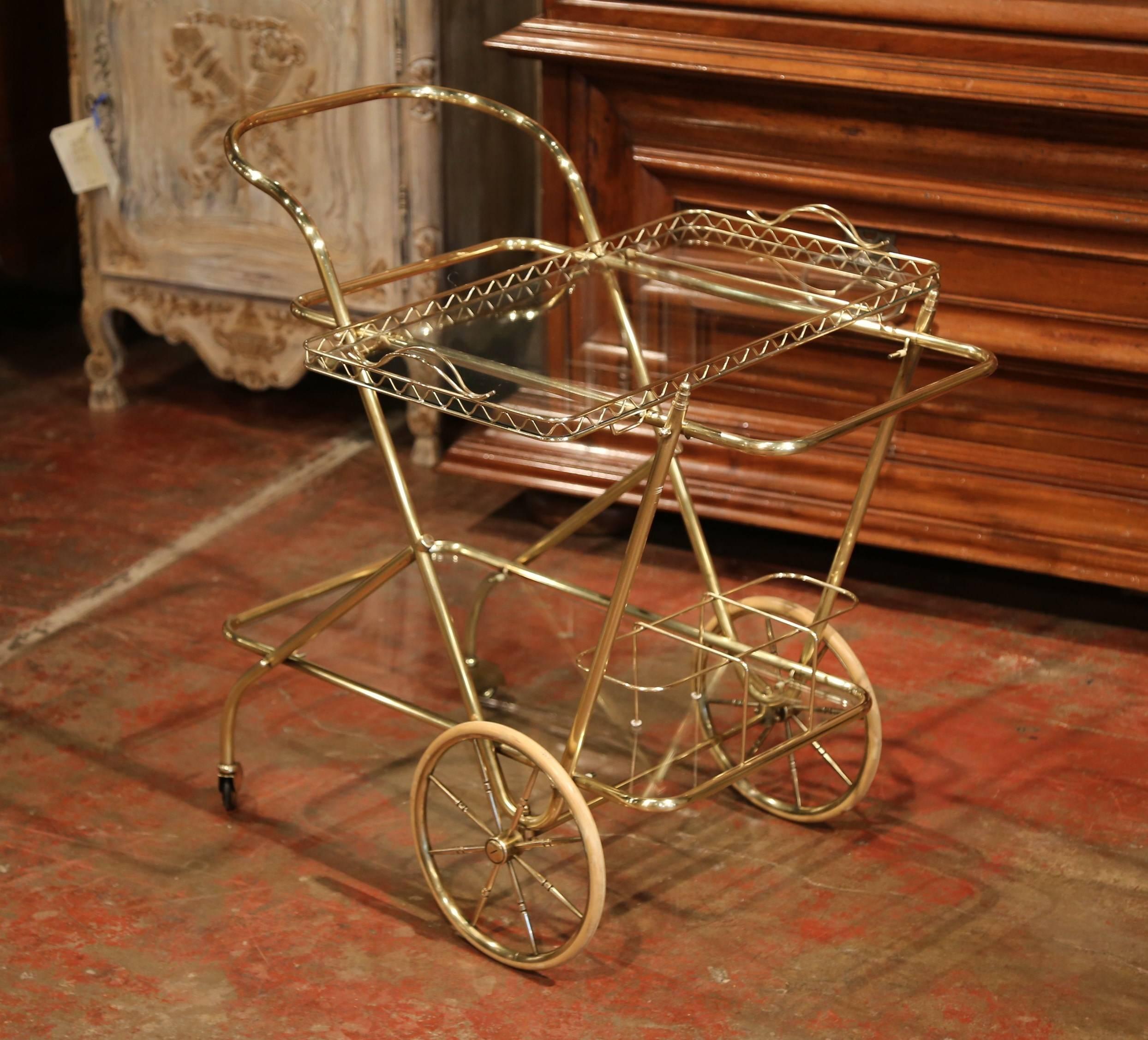 Early 20th Century French Two-Tier Brass Bar Cart Table with Removable Tray 1