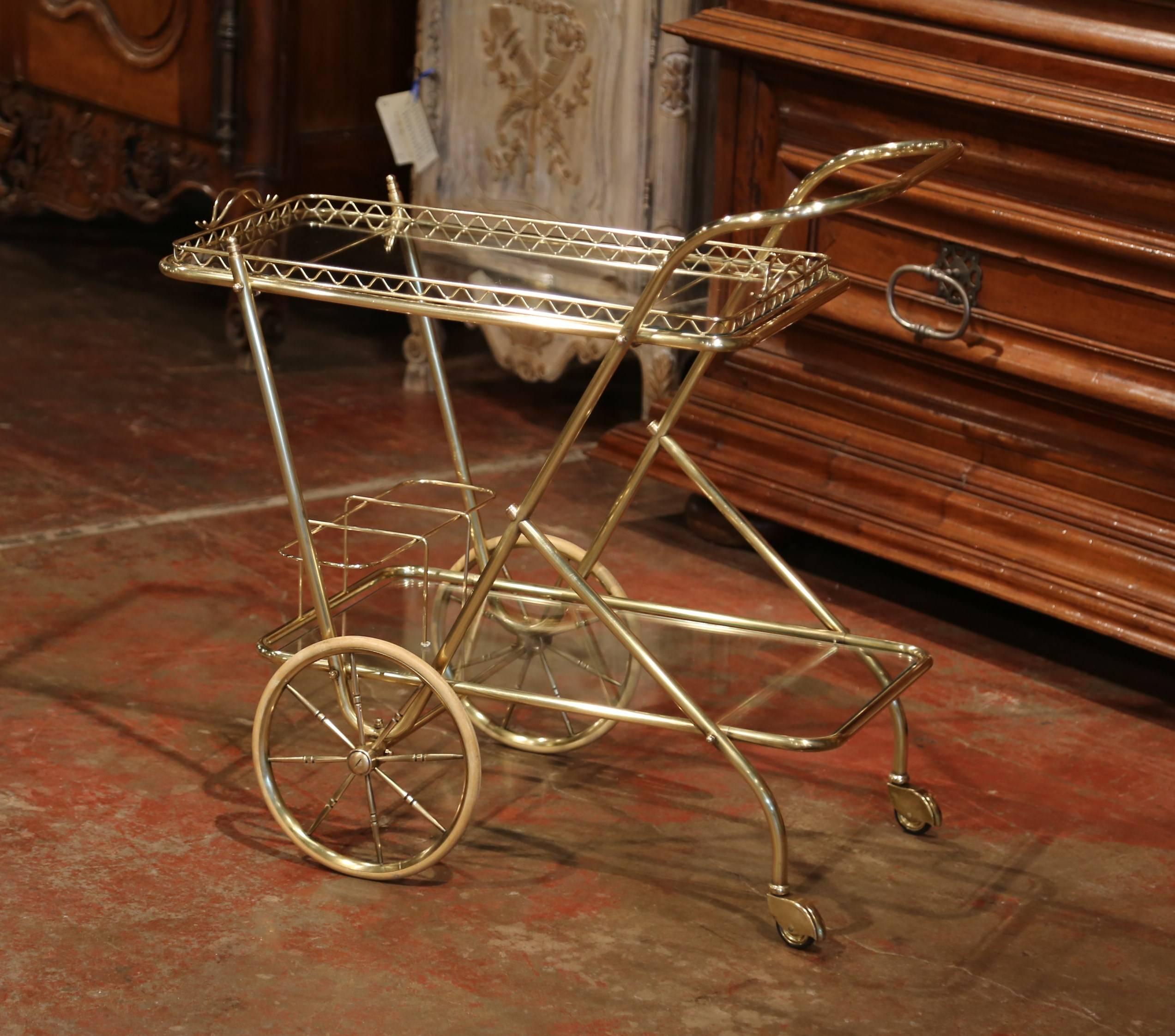Early 20th Century French Two-Tier Brass Bar Cart Table with Removable Tray 3