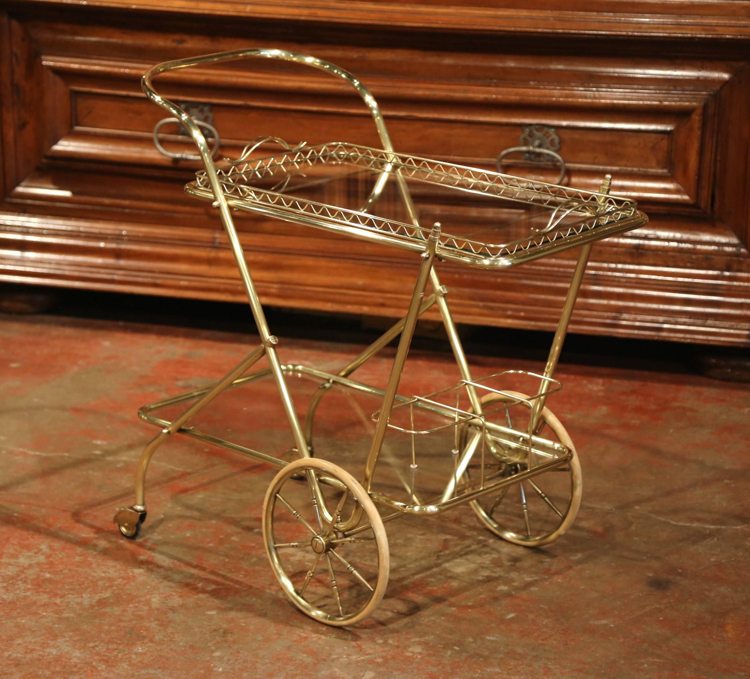 Early 20th Century French Two-Tier Brass Bar Cart Table with Removable Tray 4