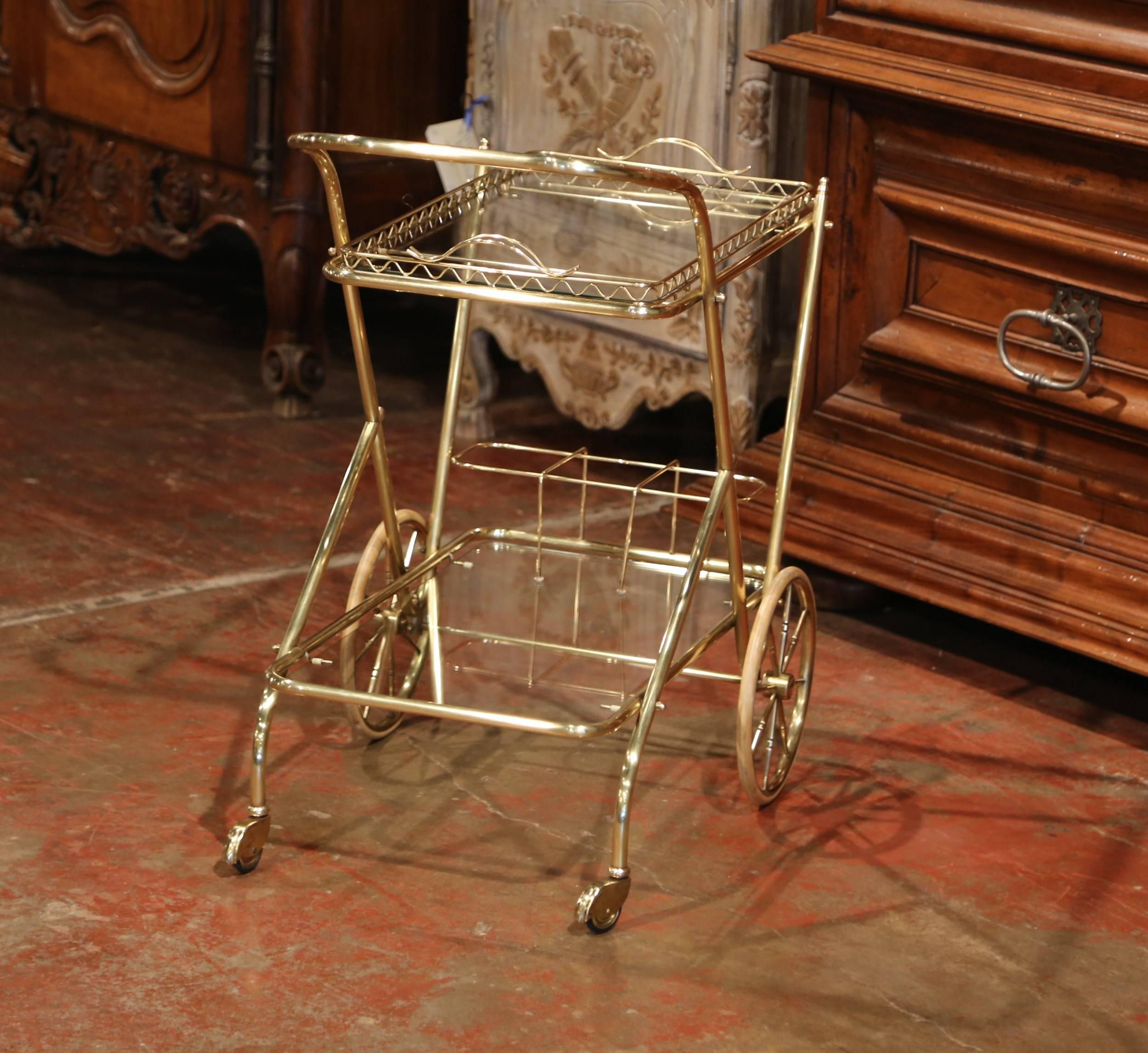 Early 20th Century French Two-Tier Brass Bar Cart Table with Removable Tray 2