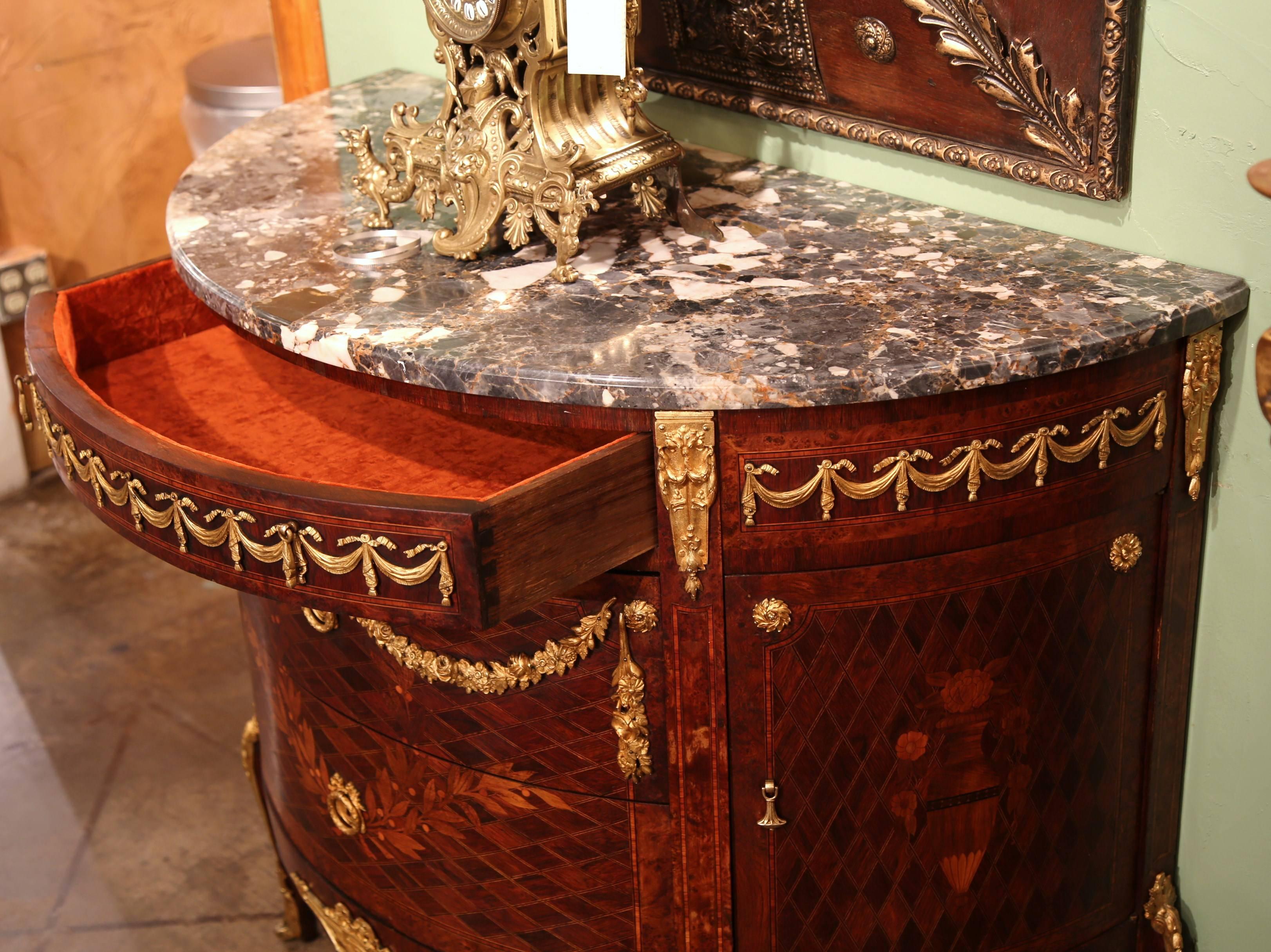19th Century French Bombe Demi-Lune Marquetry Commode with Marble Top 1
