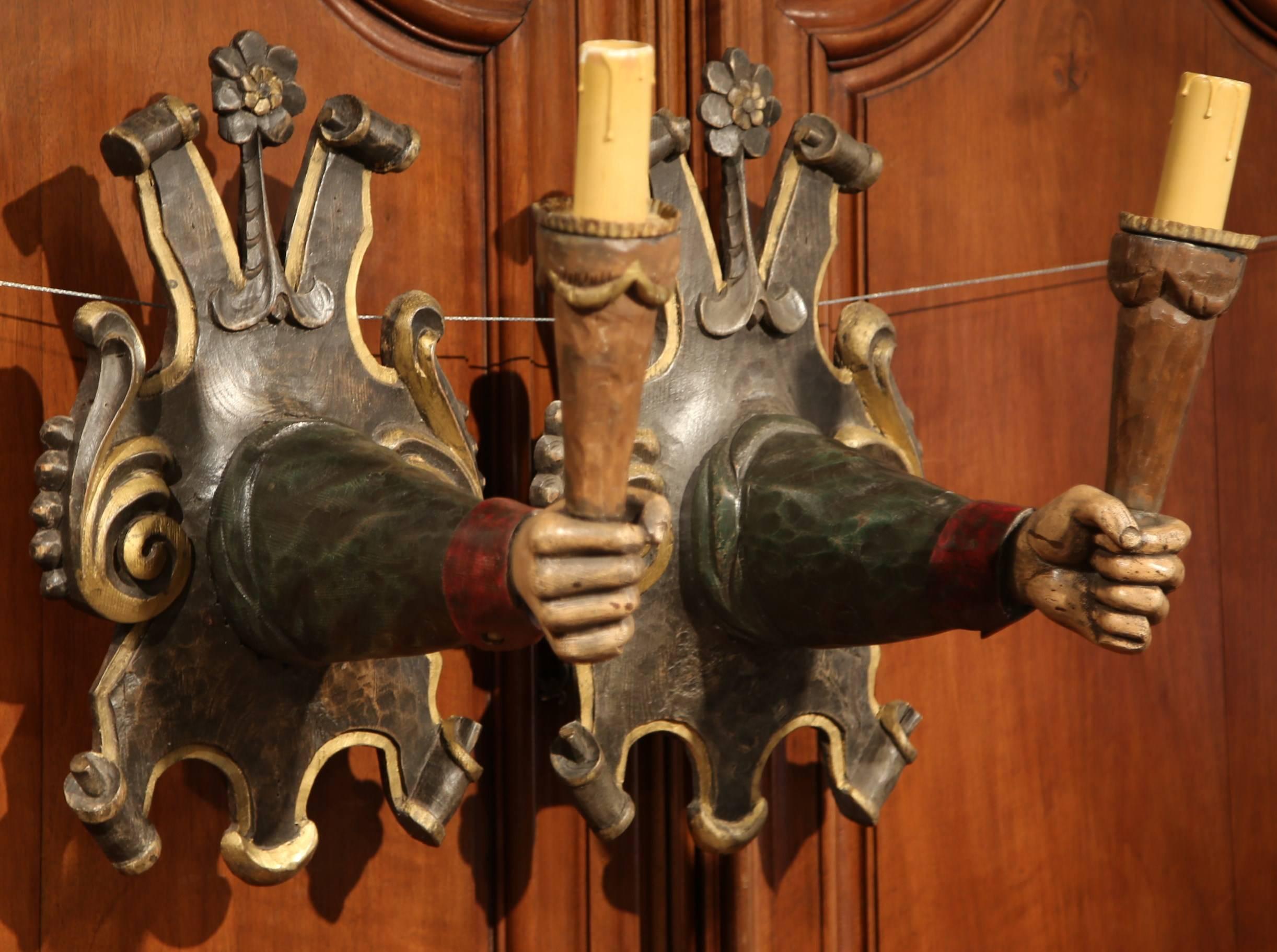 Gothic Pair of Early 20th Century Spanish Hand-Carved and Painted Wall Sconces