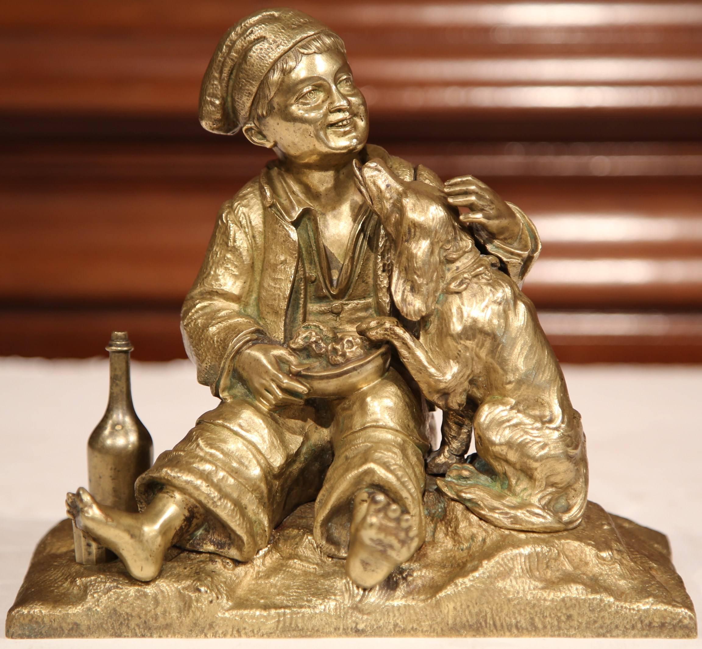 19th Century French Patinated Bronze Sculpture with Young Boy and Dog In Excellent Condition In Dallas, TX