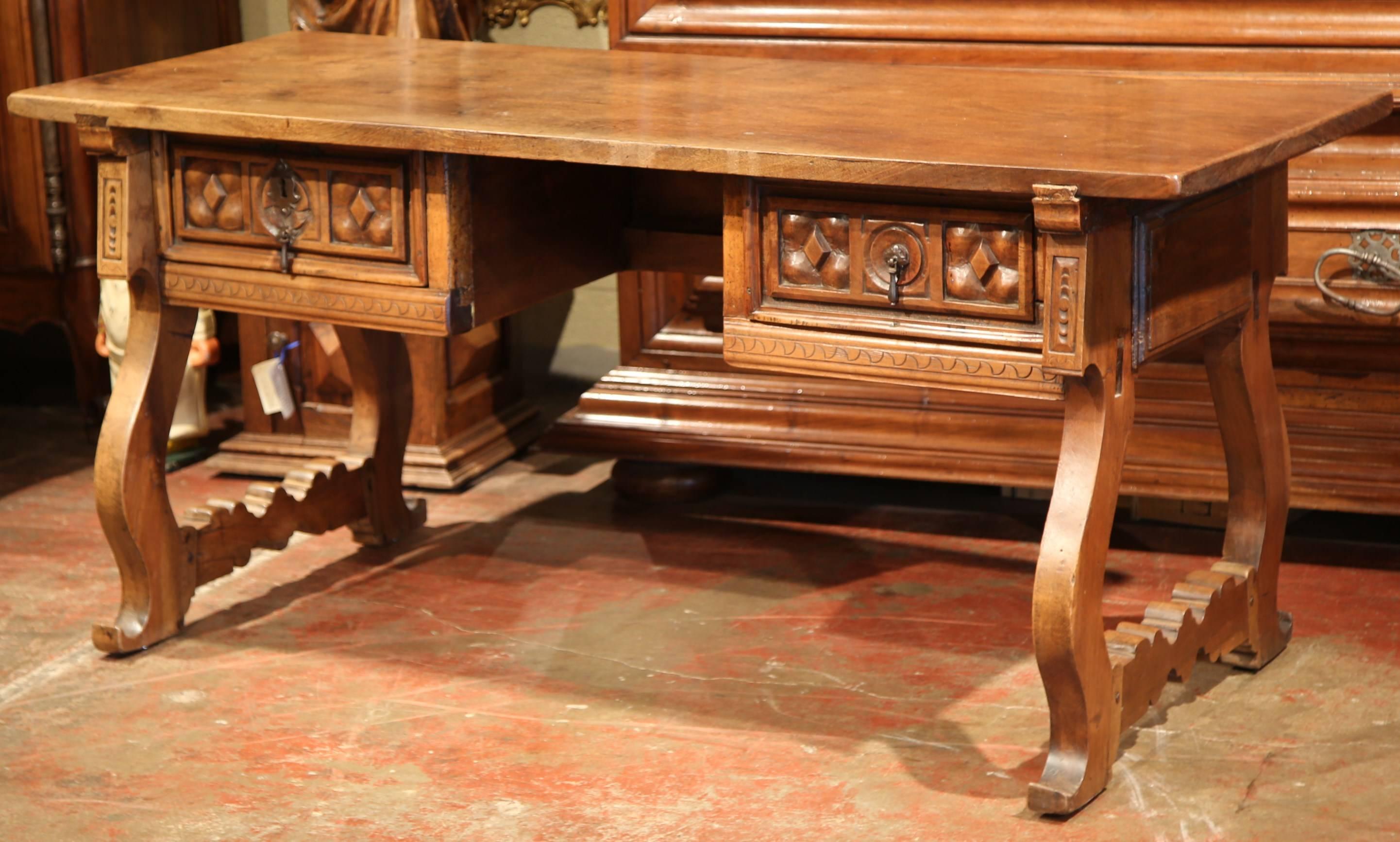 Louis XIII 19th Century Spanish Carved Walnut Desk with Drawers and Single Plank Tabletop