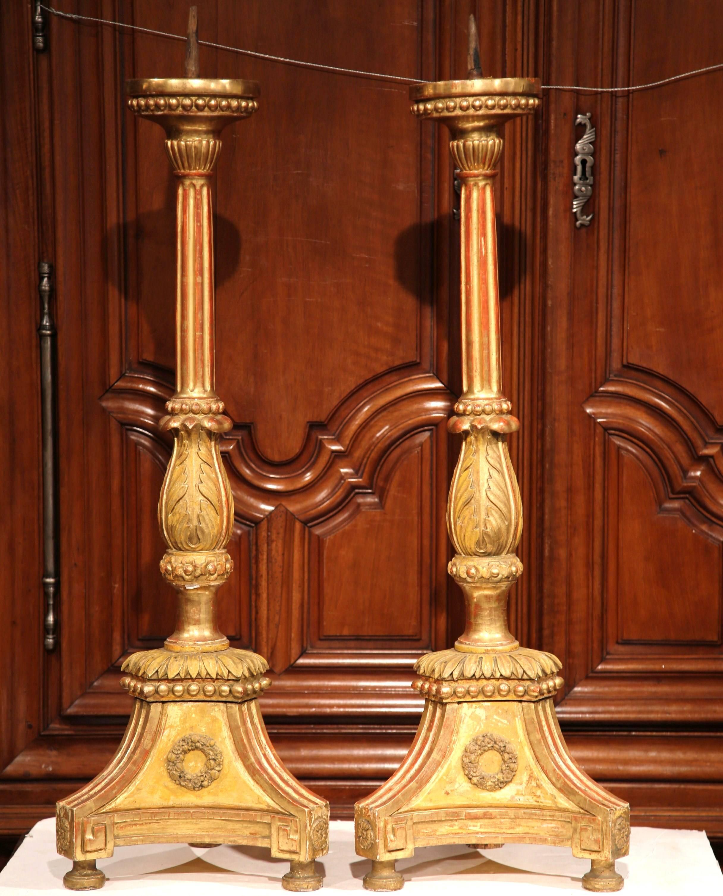 Pair of 19th Century Italian Carved Giltwood Prickets Altar Candlesticks 1