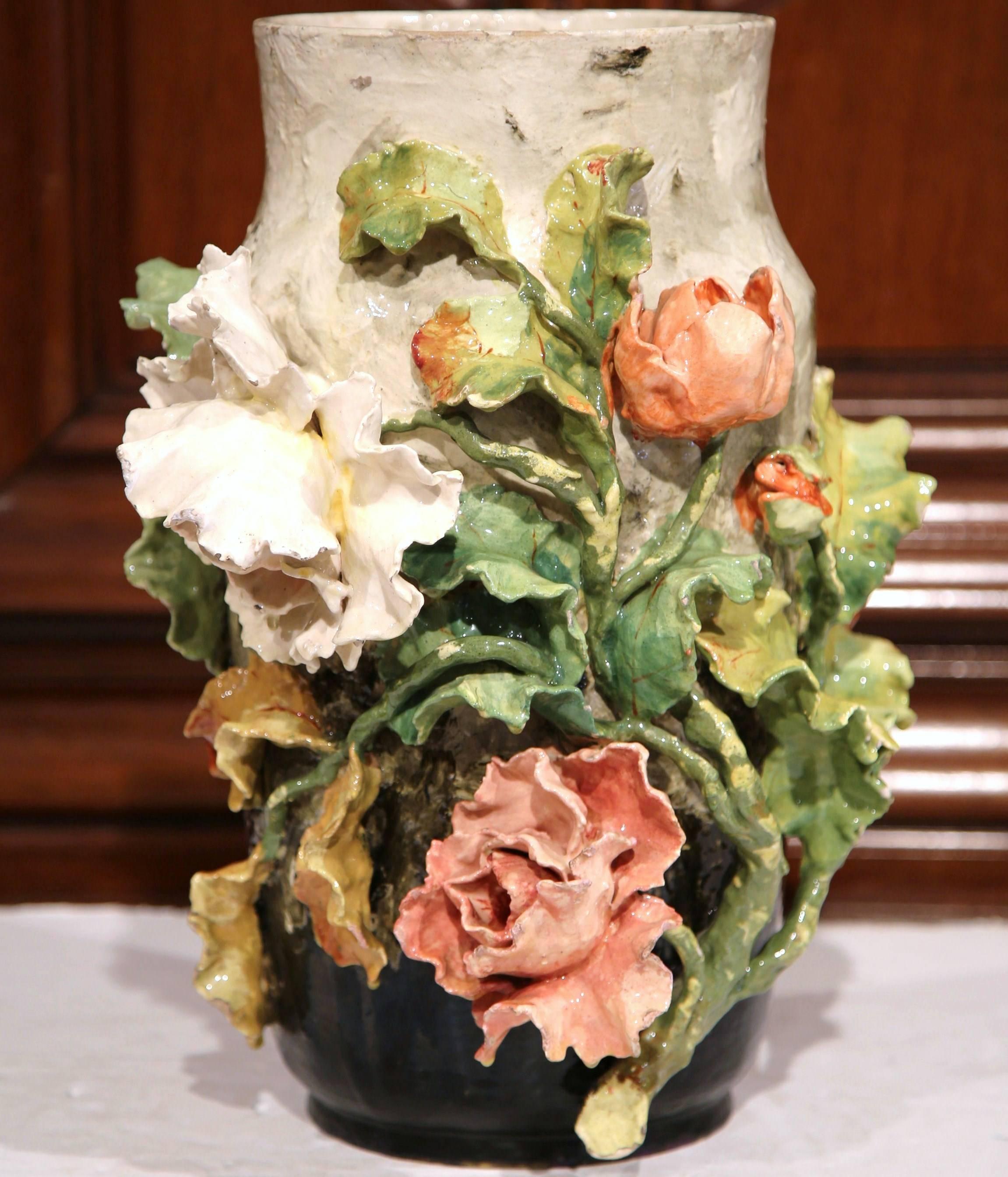 Hand-Crafted Large 19th Century French Hand-Painted Barbotine Vase with Flowers from Montigny