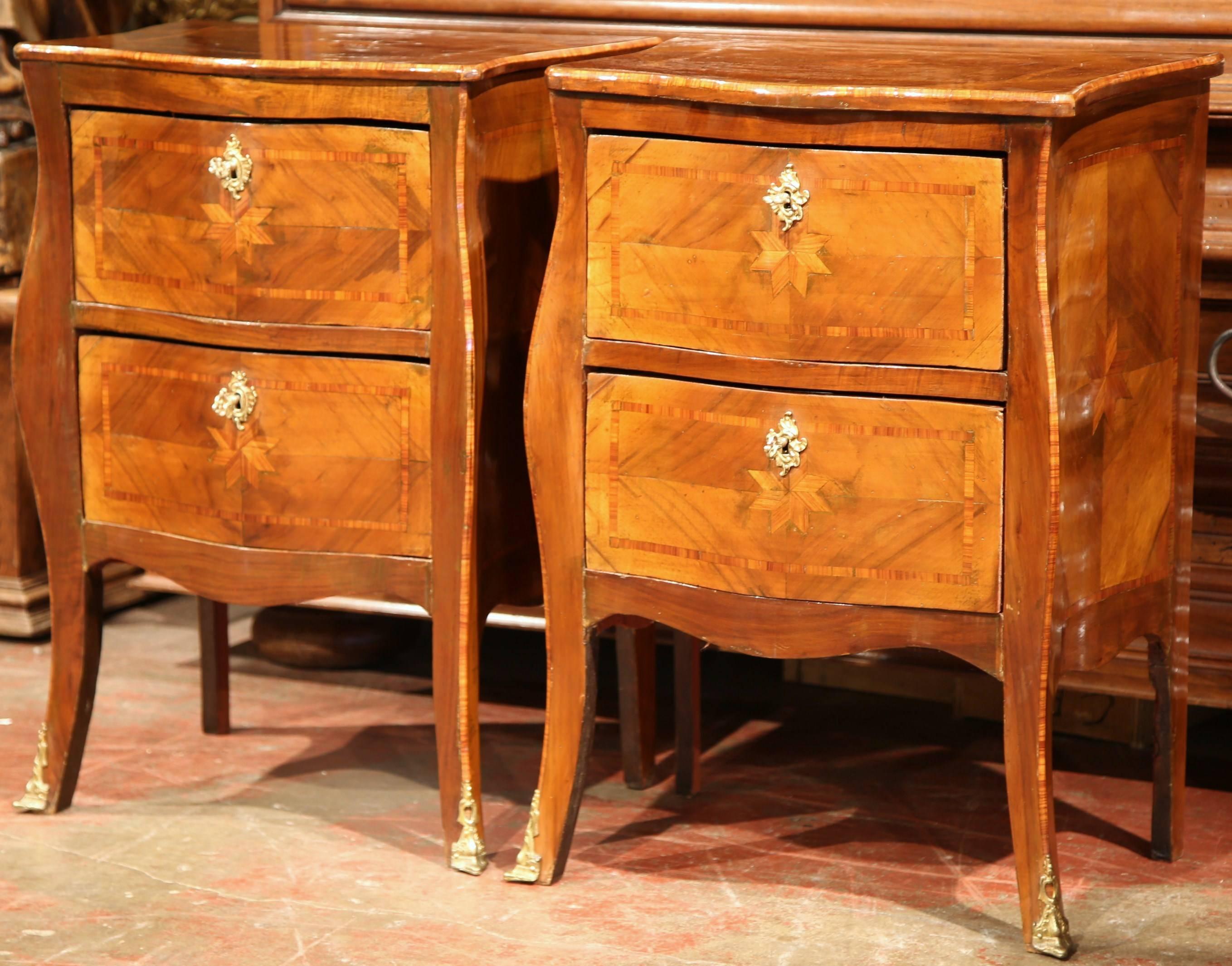 Pair of 19th Century French Louis XV Carved Walnut Bedside Tables with Marquetry 1