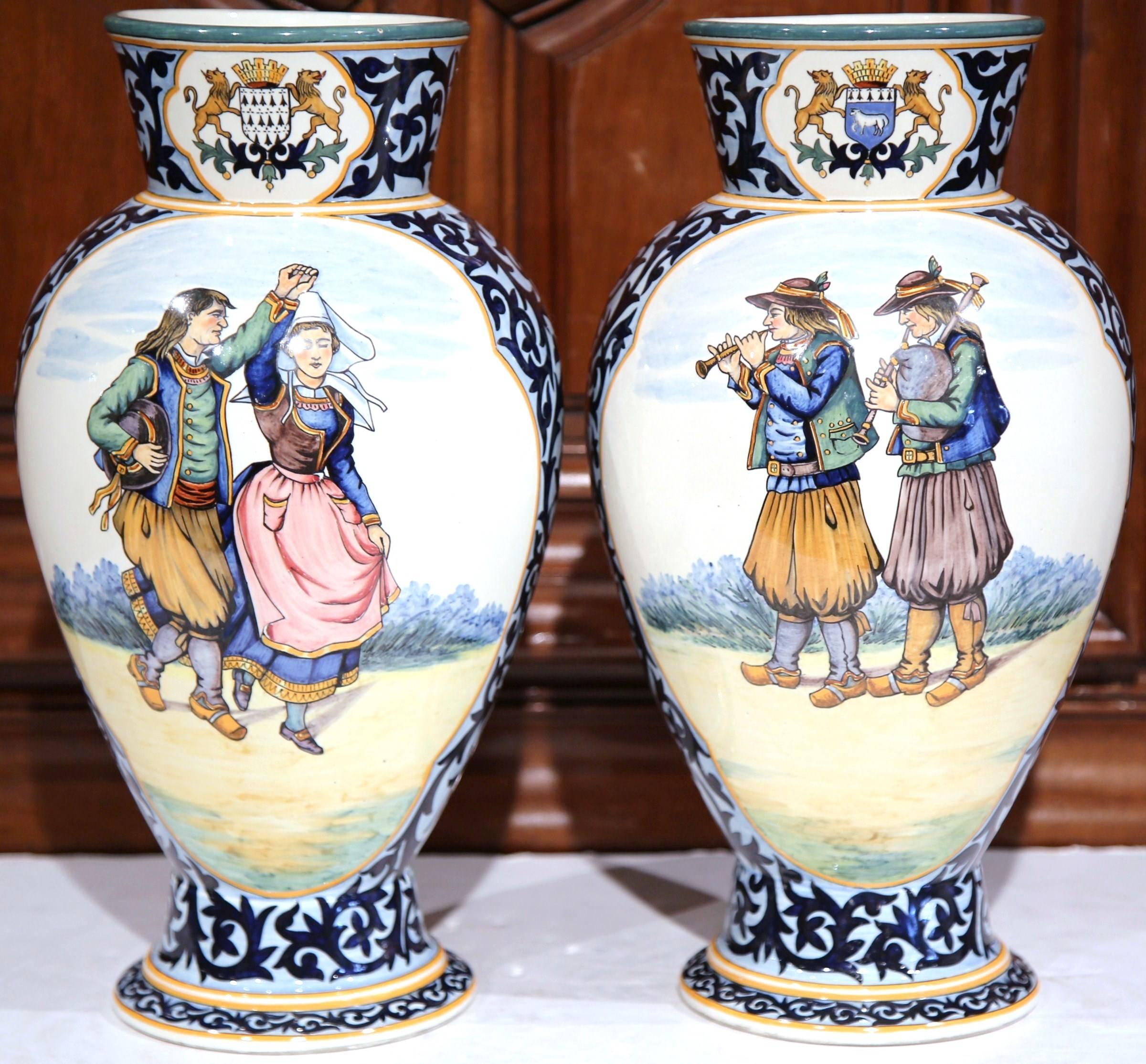 Pair of 19th Century French Painted Faience Vases Signed Henriot Quimper 3