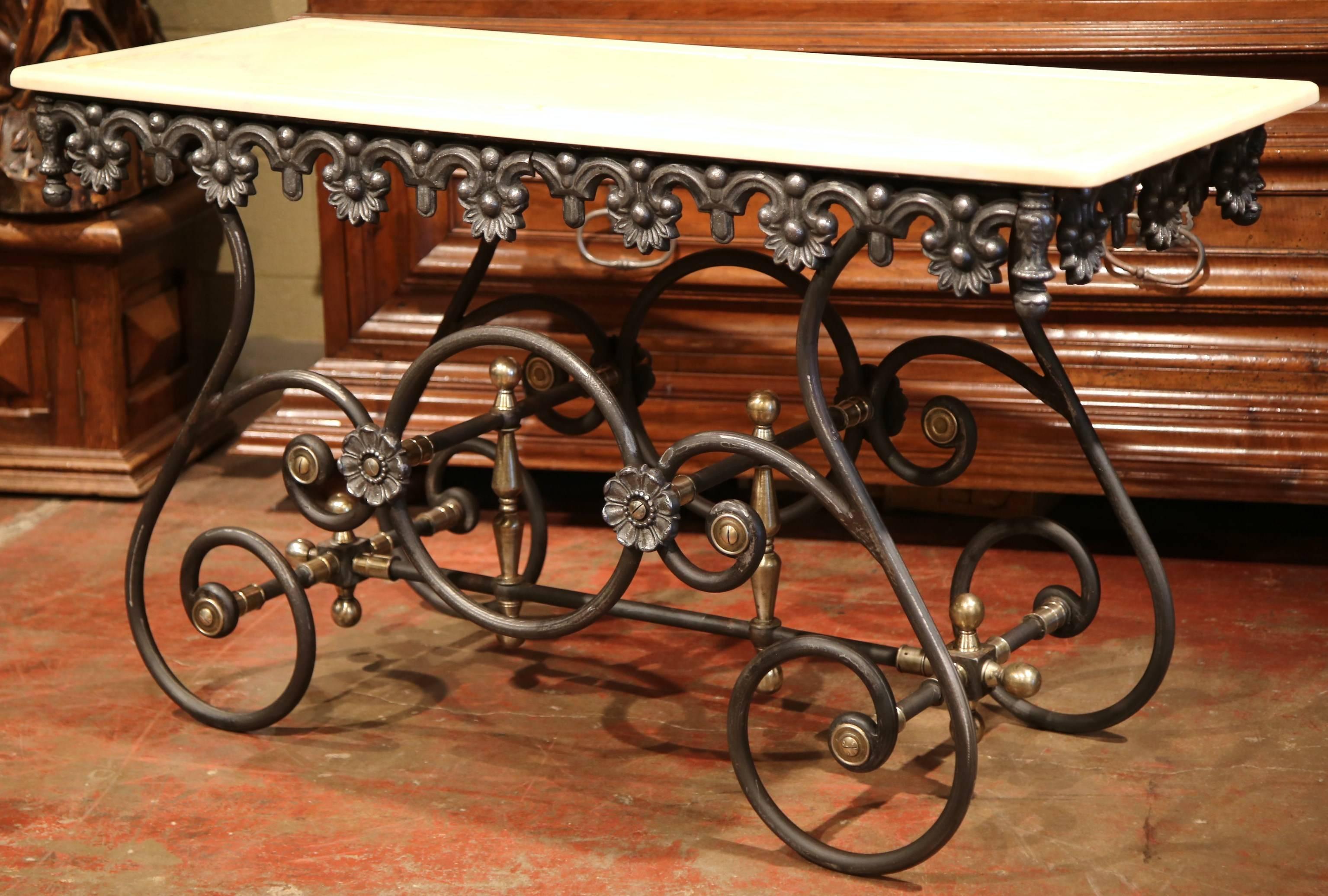 Contemporary Polished Iron Butcher Pastry Table with Marble Top and Brass Mounts from France