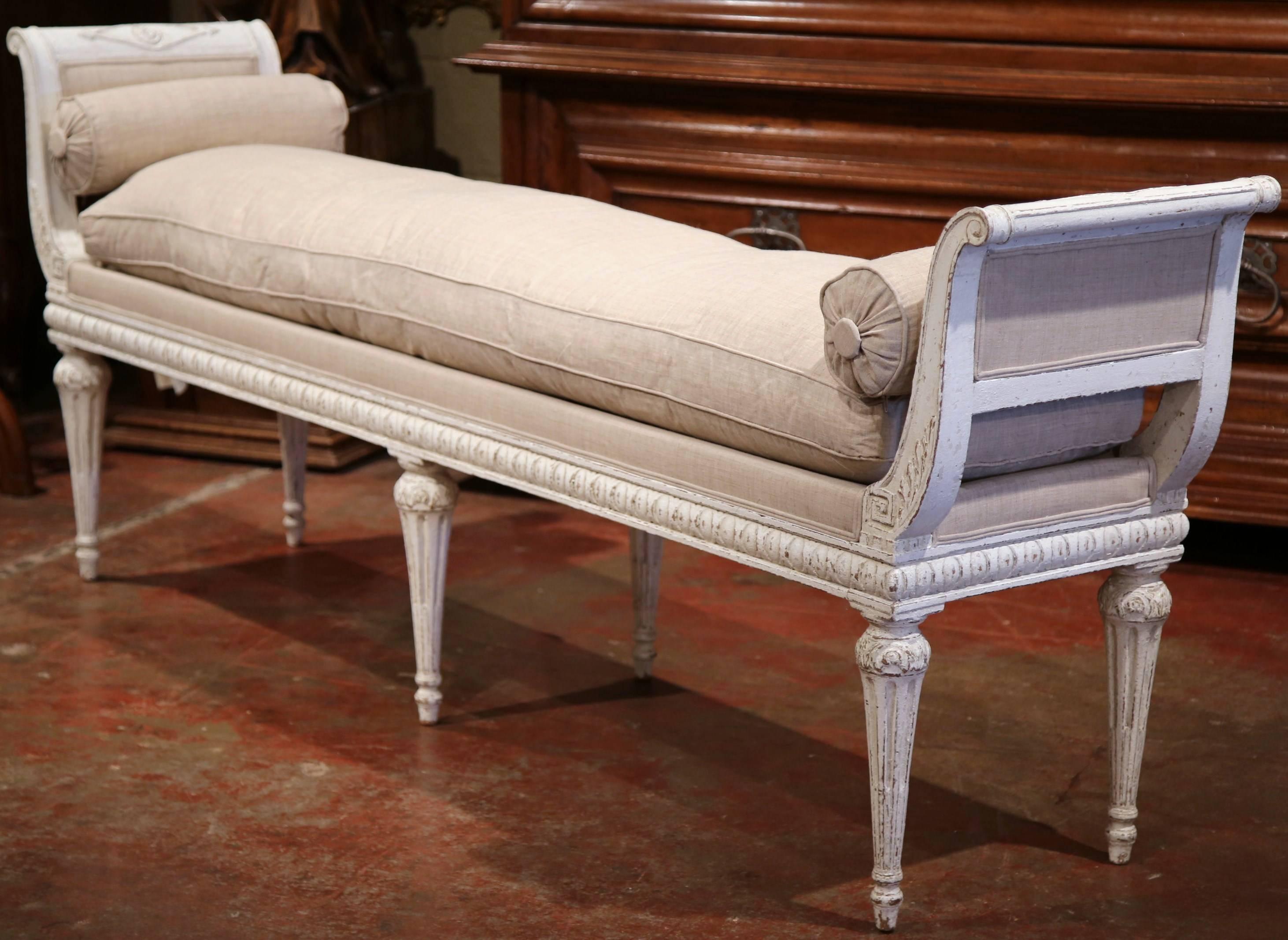 Hand-Carved Late 19th Century French Directoire Carved Painted Six-Leg Bench with Cushion