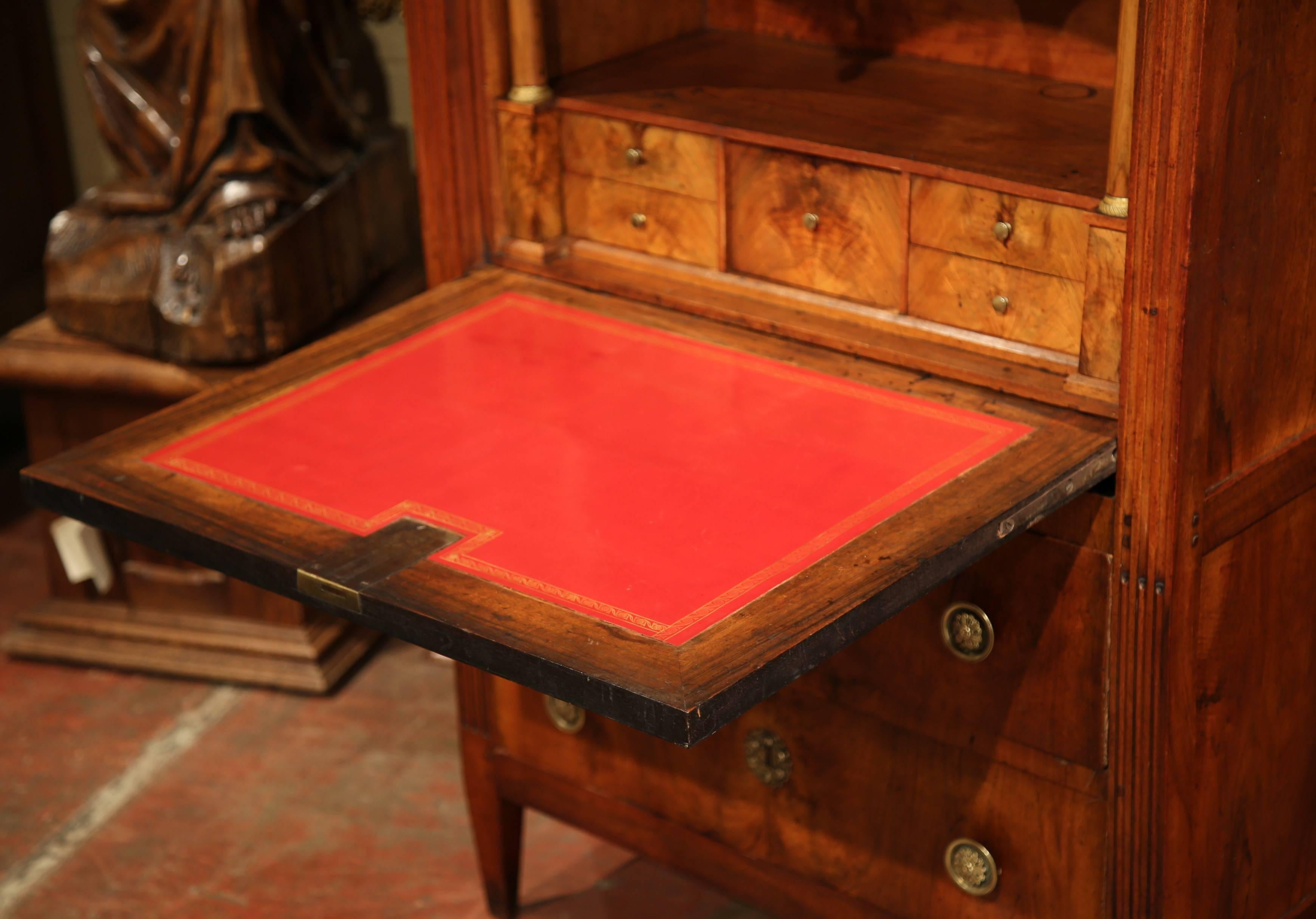 19th Century French Louis XVI Walnut Secretary Desk with Red Tooled Leather Top 5