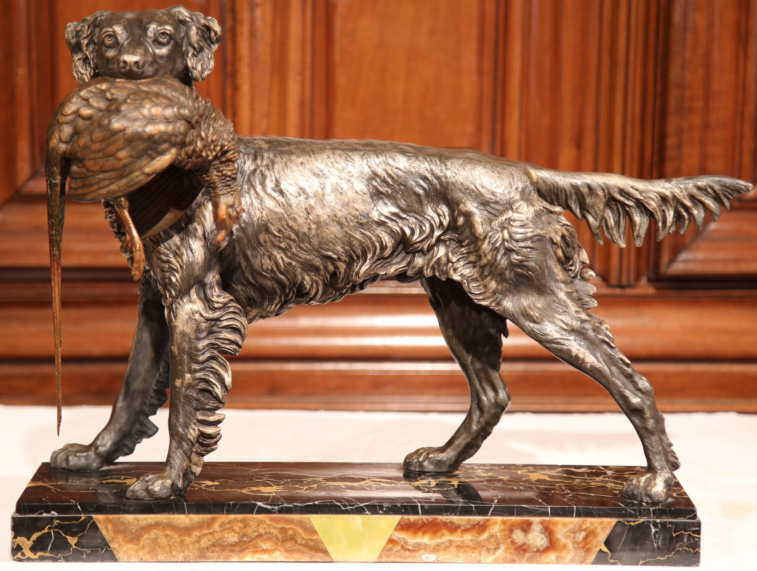 Hand-Crafted 19th Century French Spelter Hunt Dog with Bird Sculpture on Marble Base