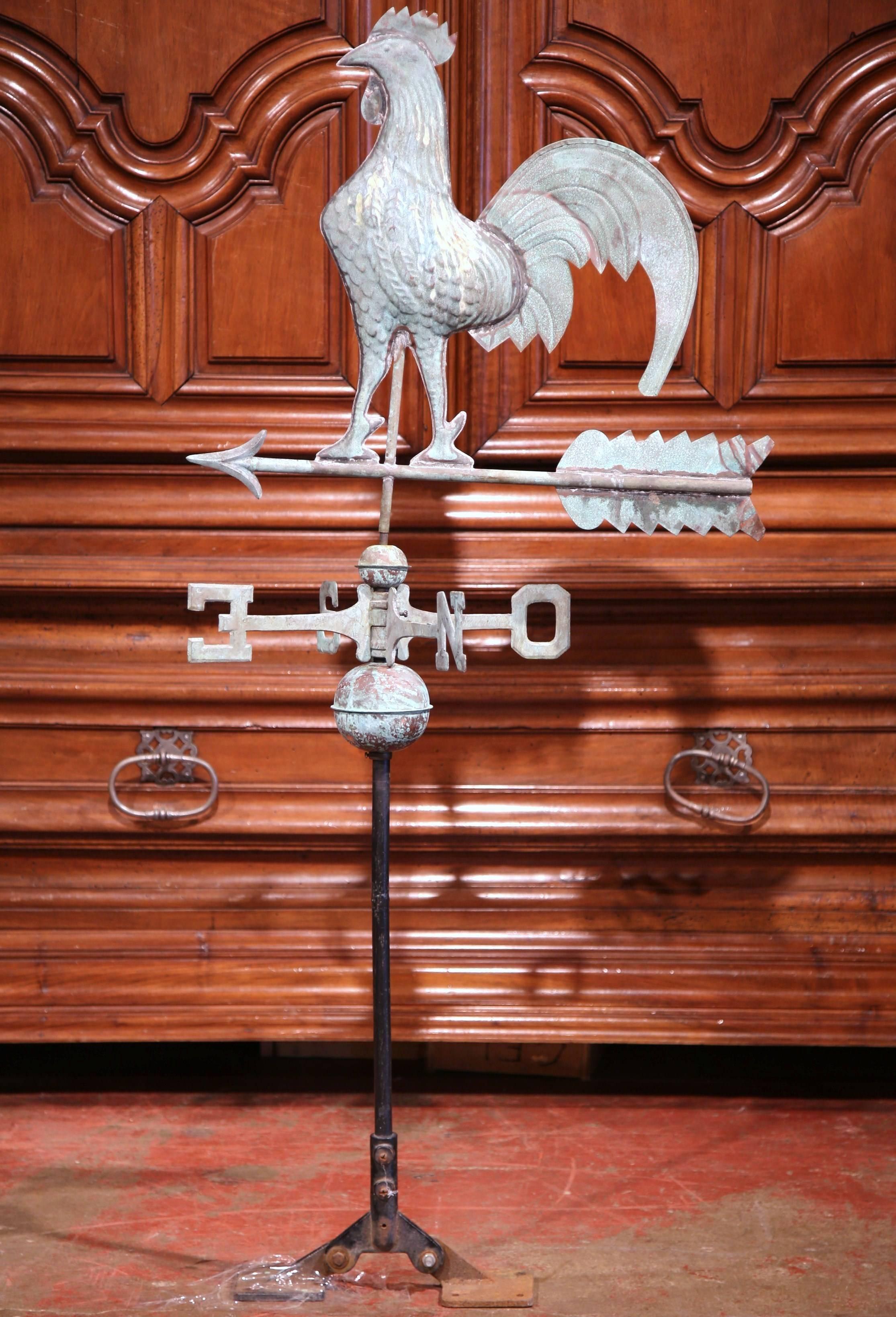 19th Century French Patinated Tole Rooster Weather Vane with the Cardinal Points In Excellent Condition In Dallas, TX