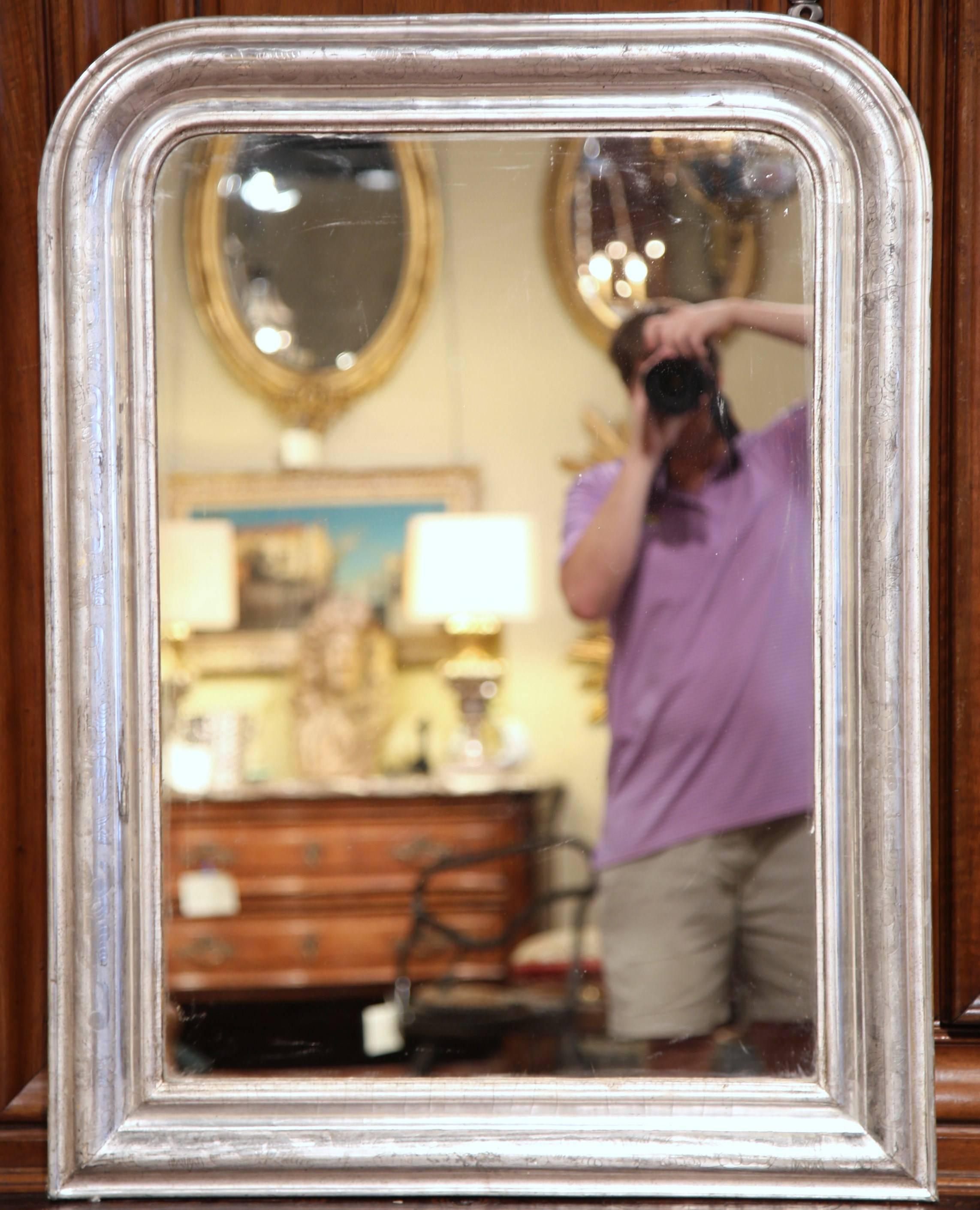 Mercury Glass 19th Century French Louis Philippe Silver Leaf Mirror with Engraved Floral Decor