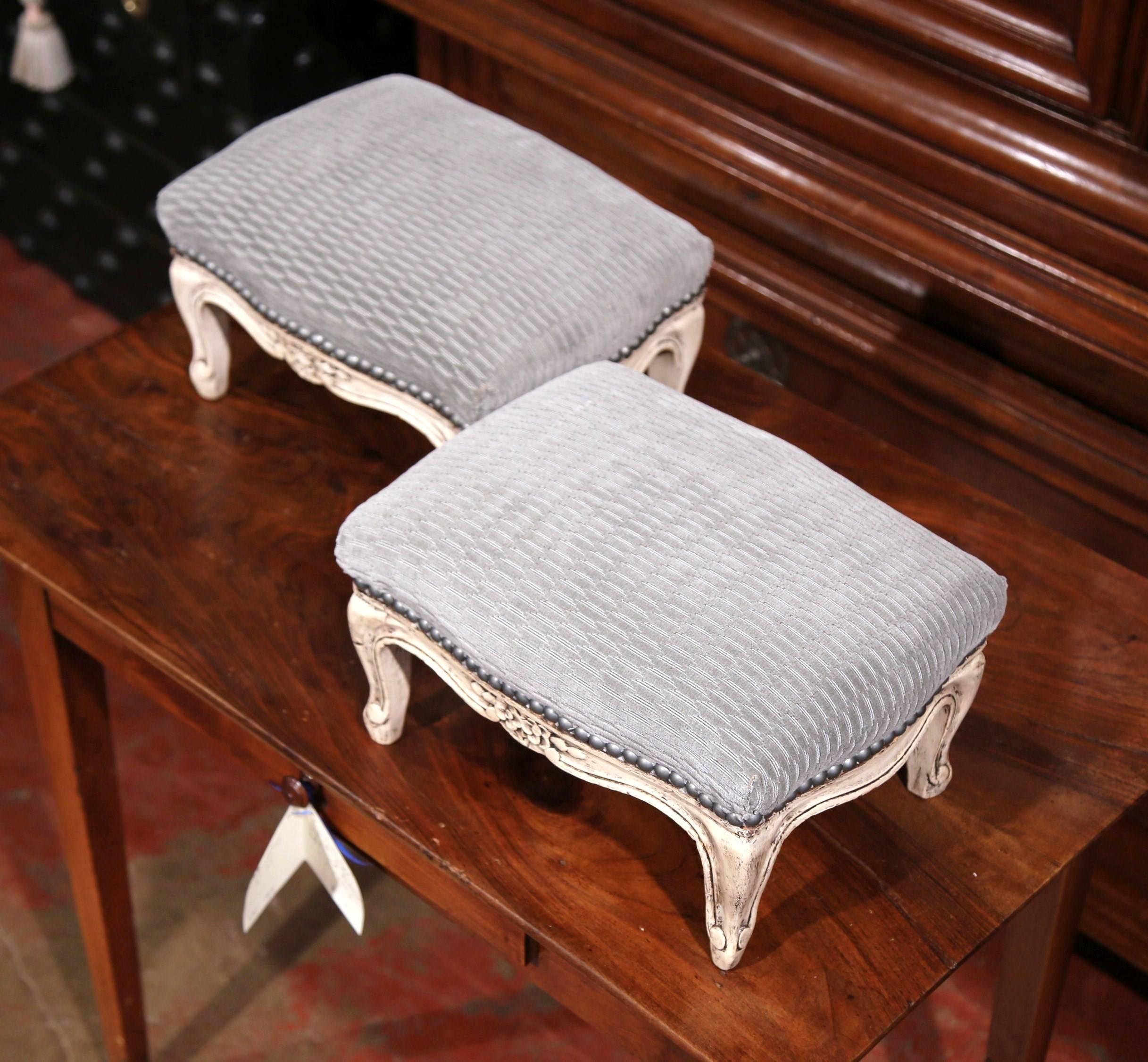 Hand-Carved Pair of Late 19th Century French Louis XV Carved Painted Footstools with Velvet