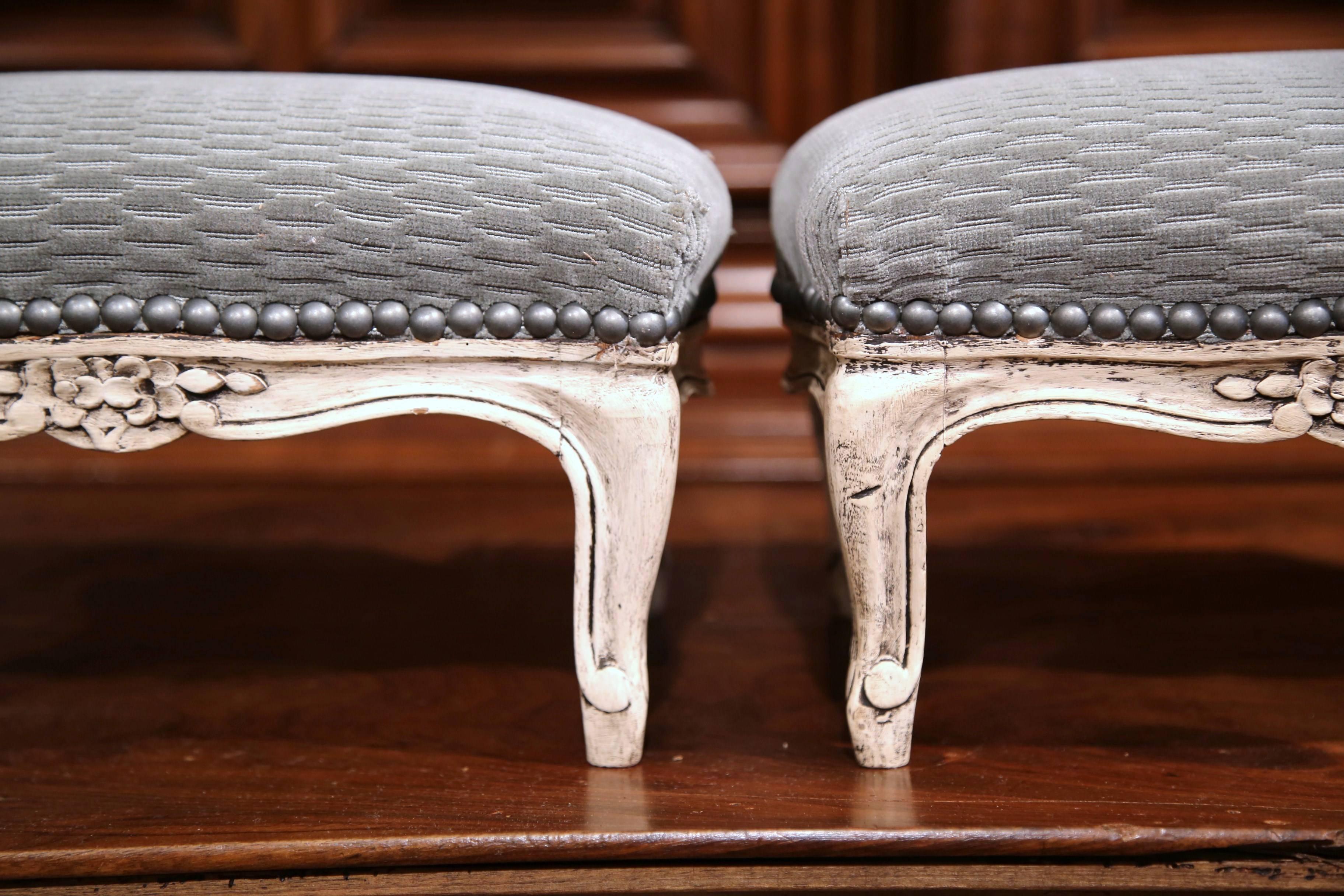 Pair of Late 19th Century French Louis XV Carved Painted Footstools with Velvet 1