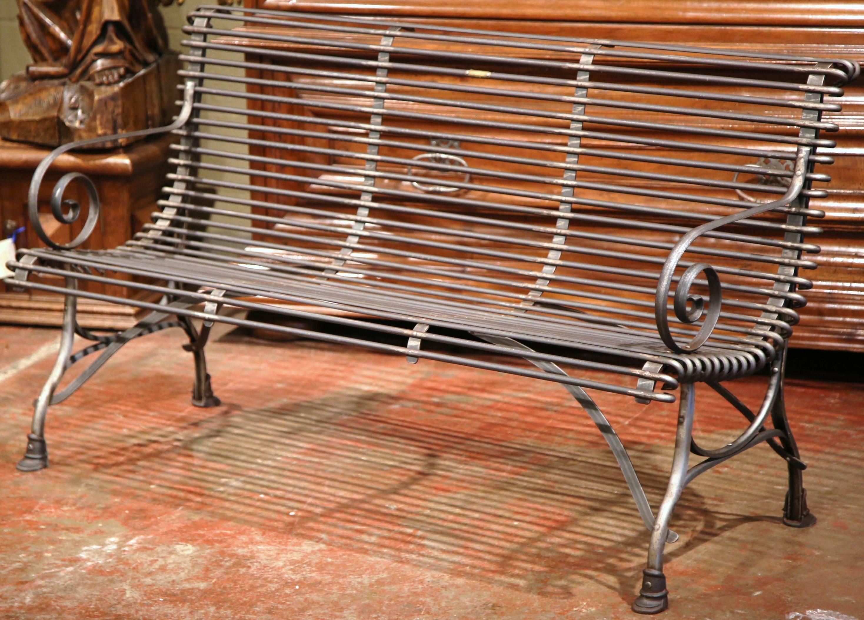 Contemporary French Polished Iron Bench with Scrolled Arms and Hoof Feet Signed Sauveur Arras