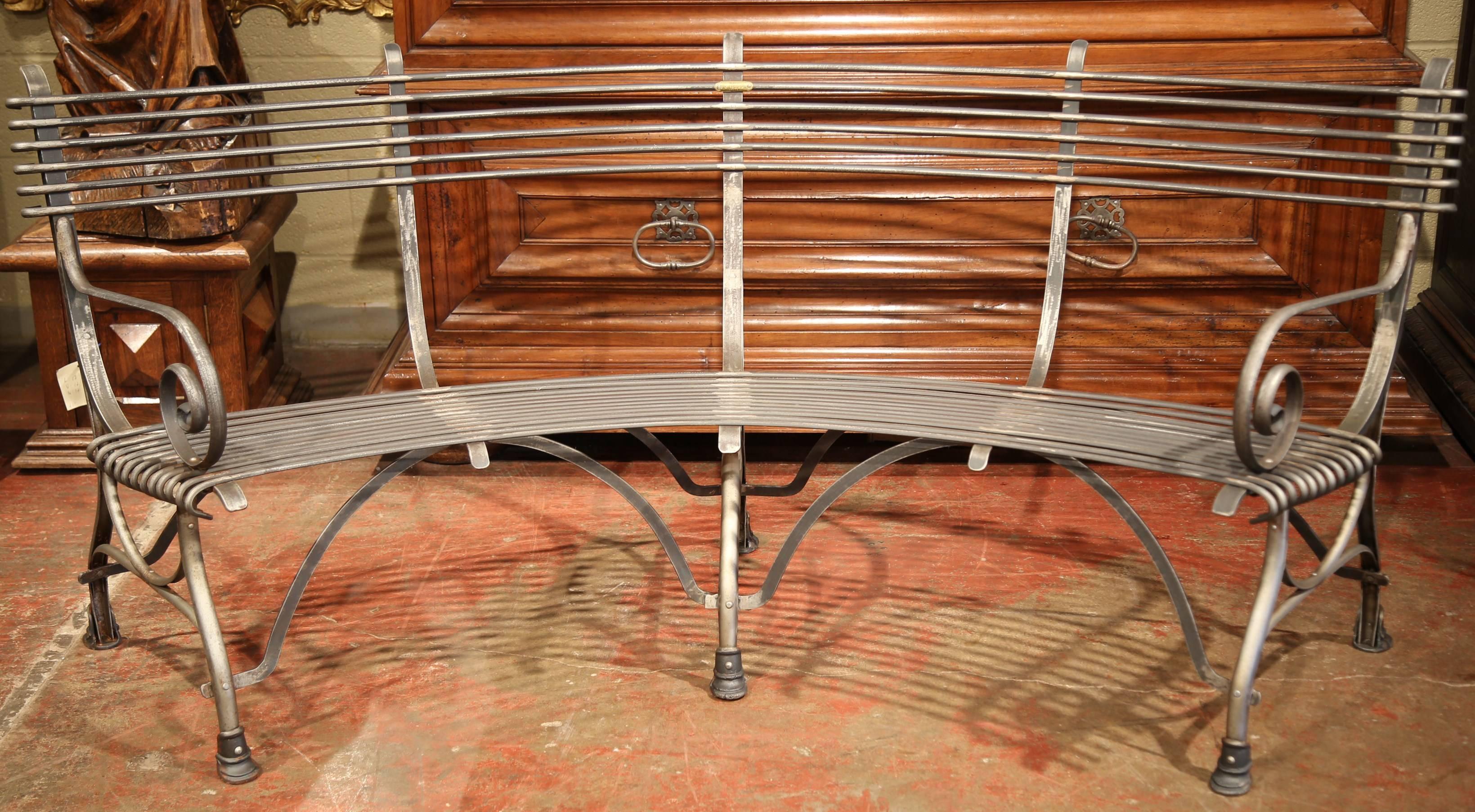 Contemporary French Polished Iron Curved Bench with Hoof Feet Signed Sauveur Arras