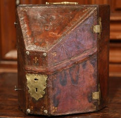 19th Century French Brown Patinated Leather Letter Holder with Brass Handle