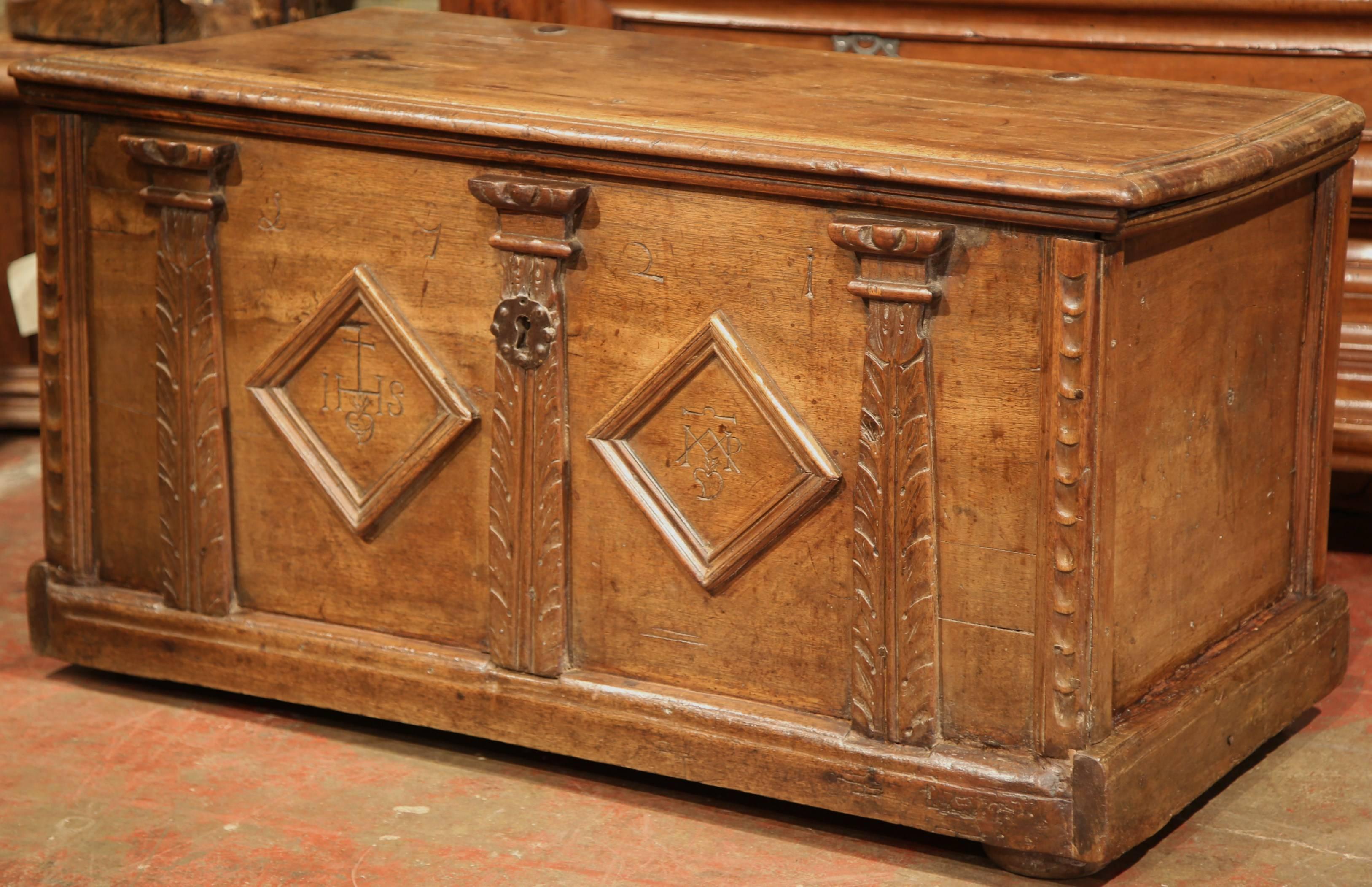 Iron 17th Century French Louis XIII Carved Walnut Blanket Chest with Diamond Design