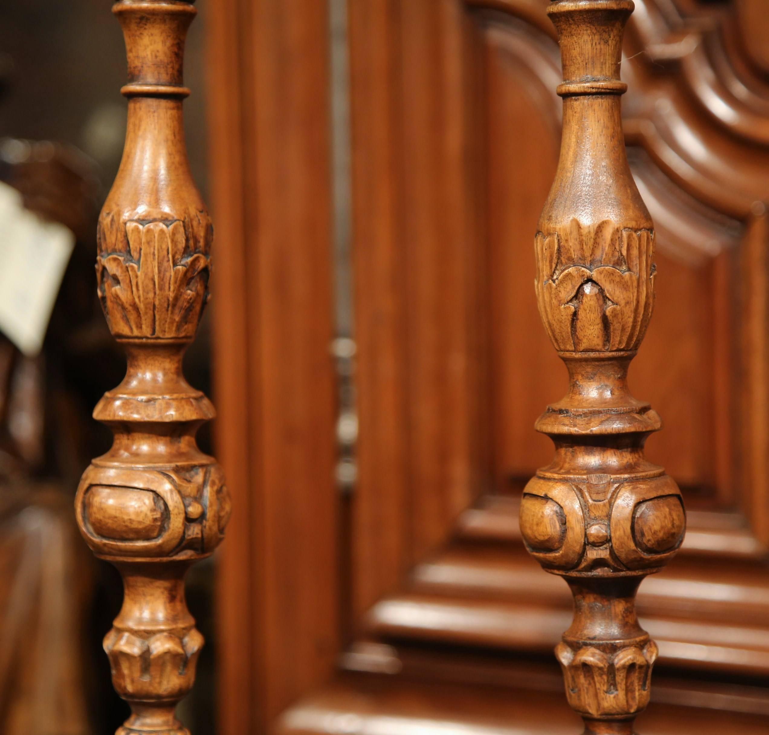 Pair of 19th Century French Carved Walnut Candlesticks with Metal Bobeches In Excellent Condition In Dallas, TX