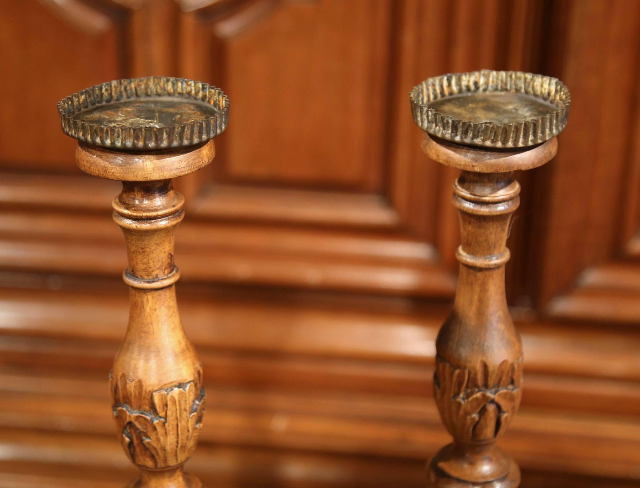 Sheet Metal Pair of 19th Century French Carved Walnut Candlesticks with Metal Bobeches