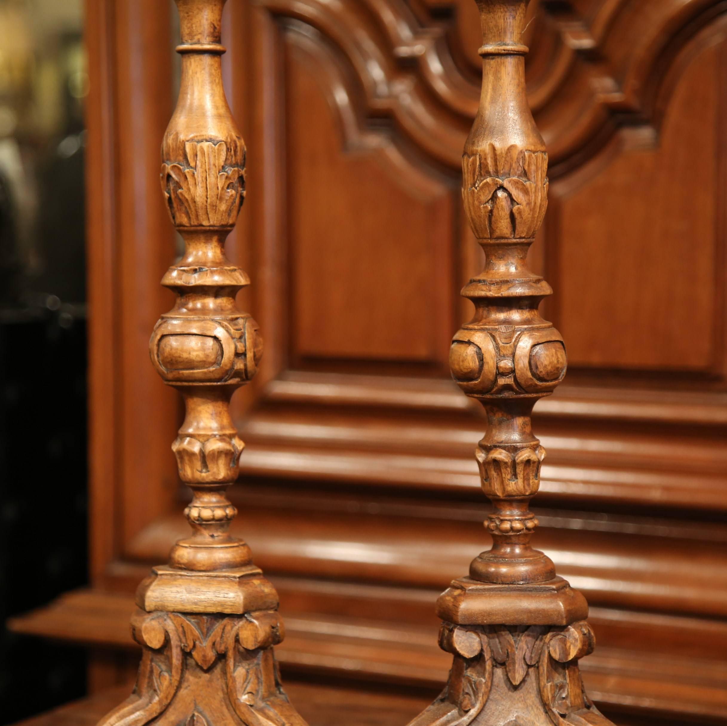 Louis XV Pair of 19th Century French Carved Walnut Candlesticks with Metal Bobeches