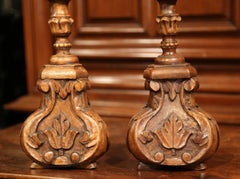 Pair of 19th Century French Carved Walnut Candlesticks with Metal Bobeches
