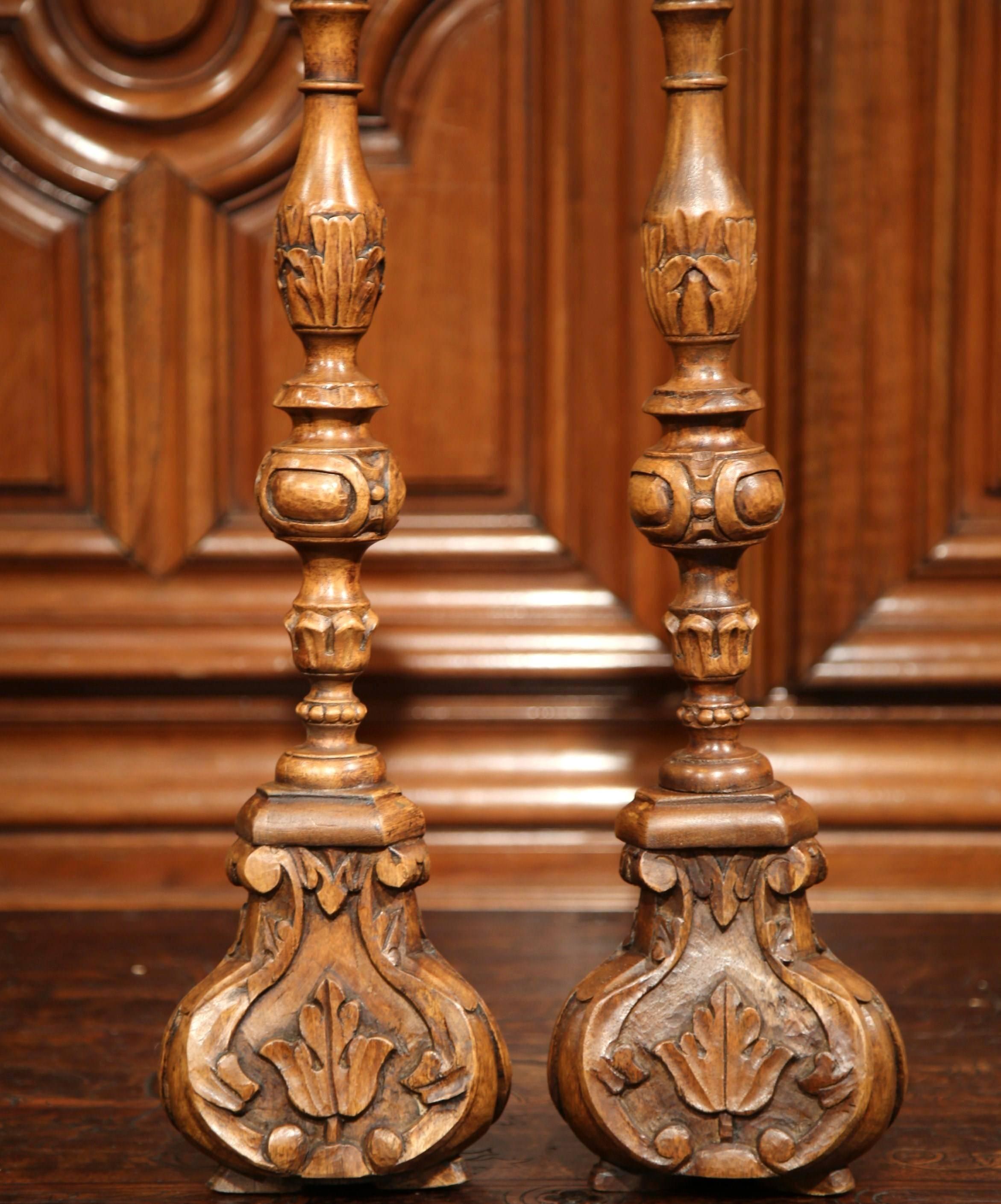 Hand-Carved Pair of 19th Century French Carved Walnut Candlesticks with Metal Bobeches