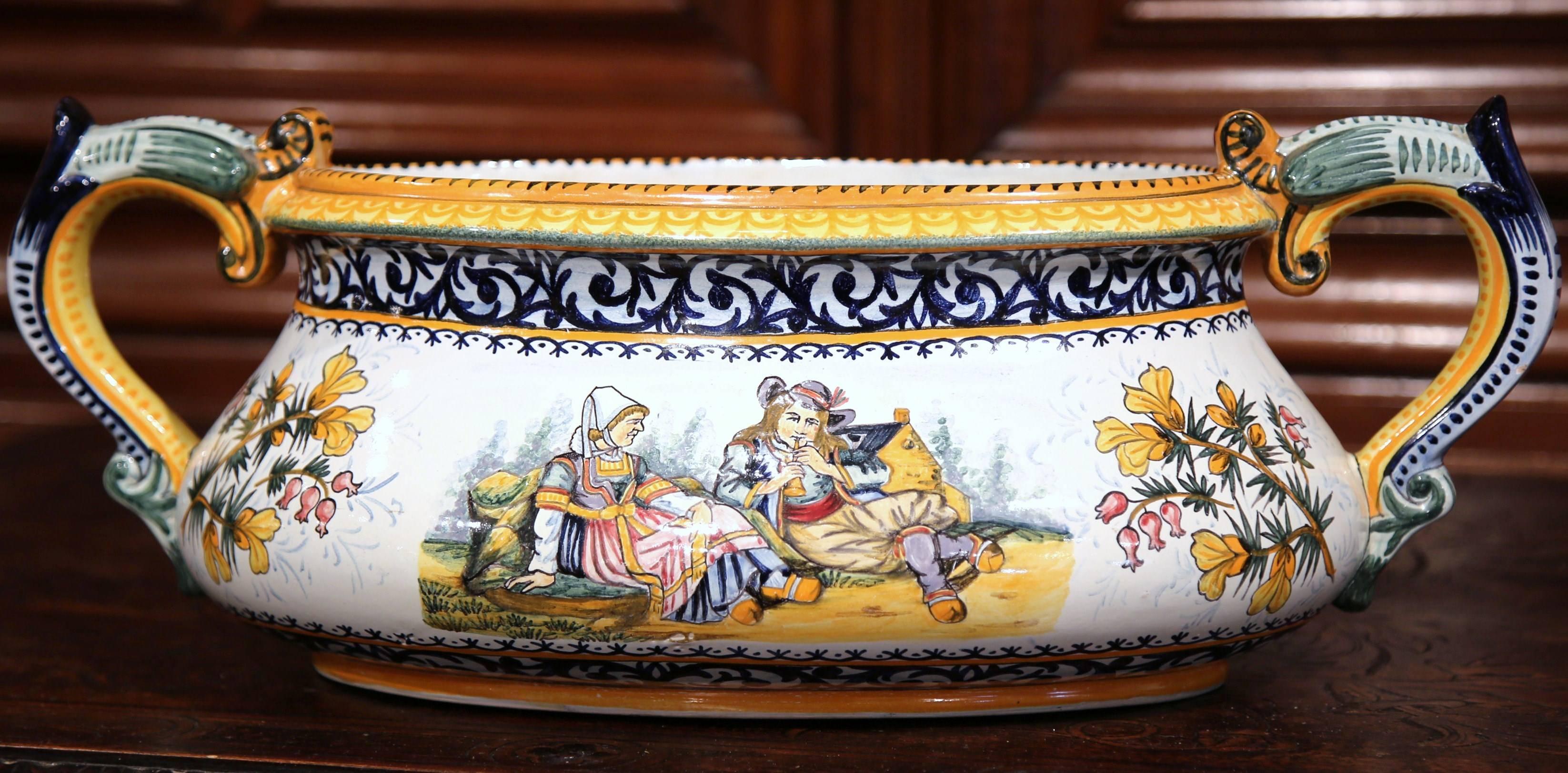 Early 20th Century French Hand Painted Faience Jardinière Signed Henriot Quimper 1