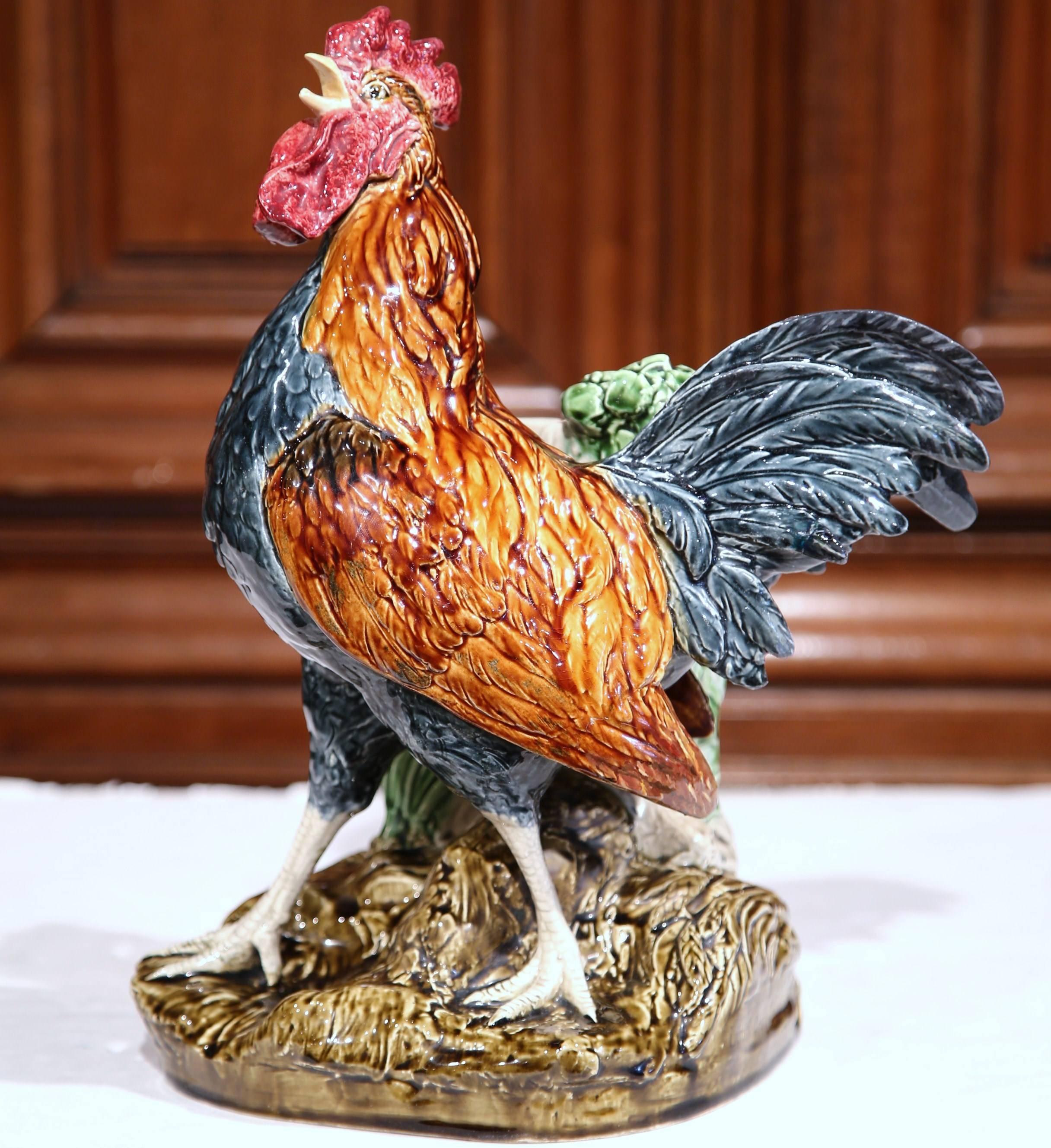 19th Century French Painted Barbotine Vase Rooster Signed Louis Carrier-Belleuse 2