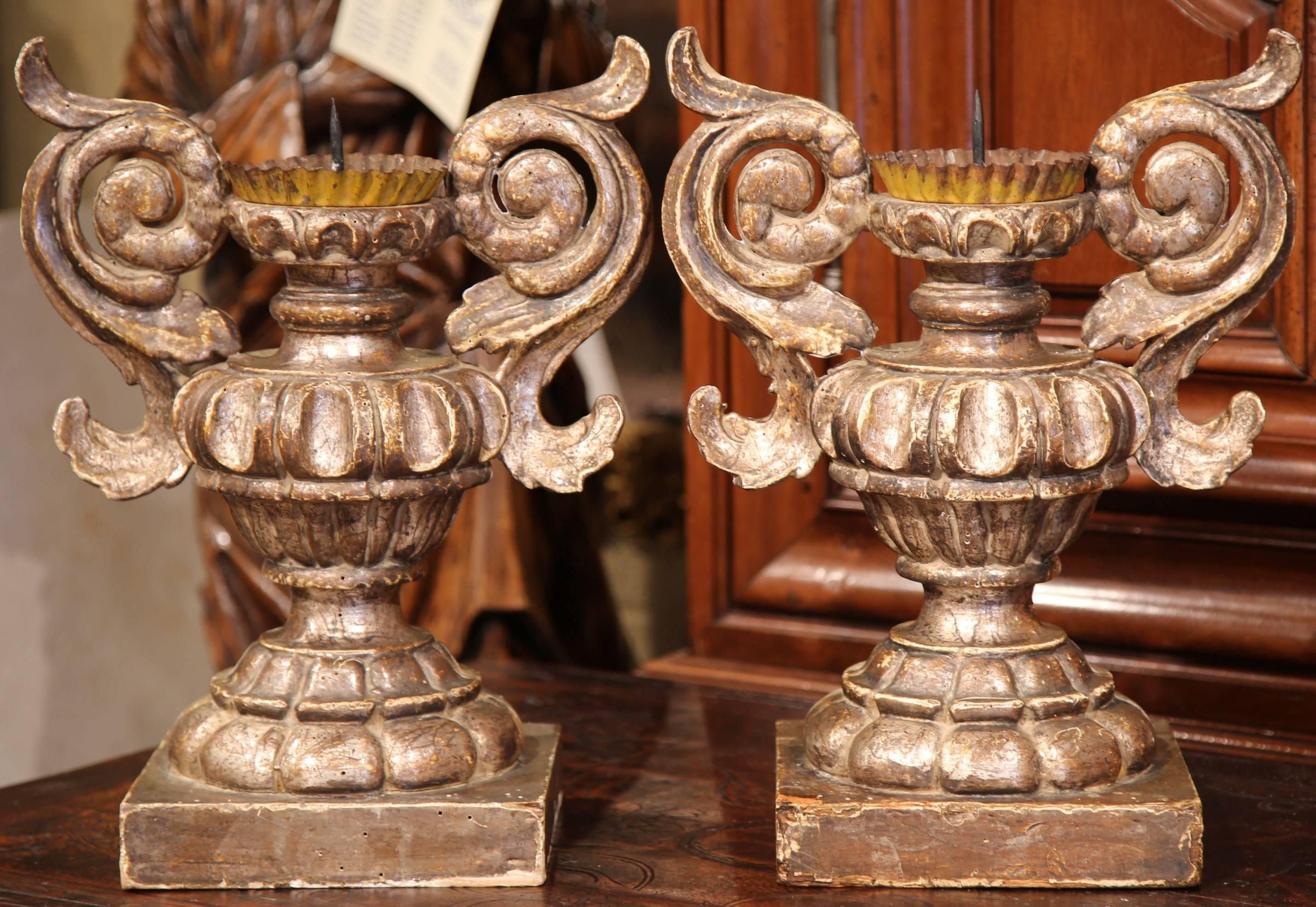 Hand-Carved Pair of 19th Century Italian Baroque Carved Silverleaf Candlesticks Prickets