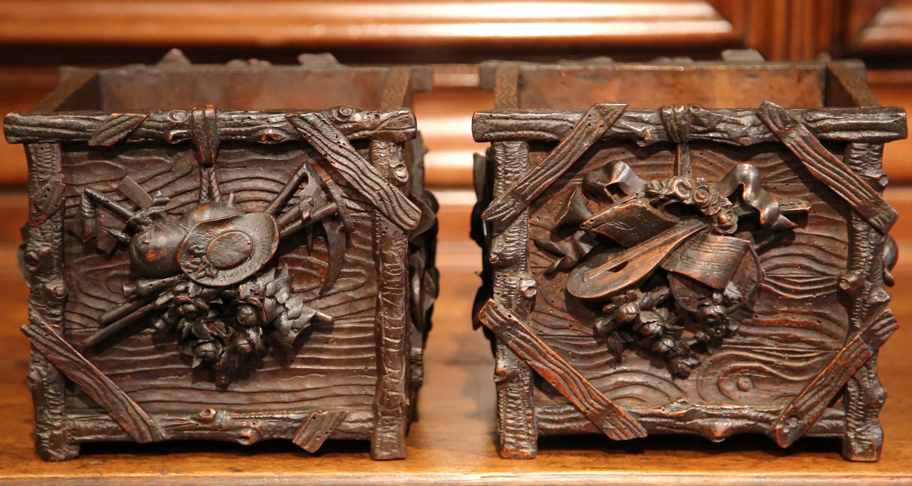 Hand-Carved Pair of 19th Century French Carved Walnut Black Forest Square Jardinieres